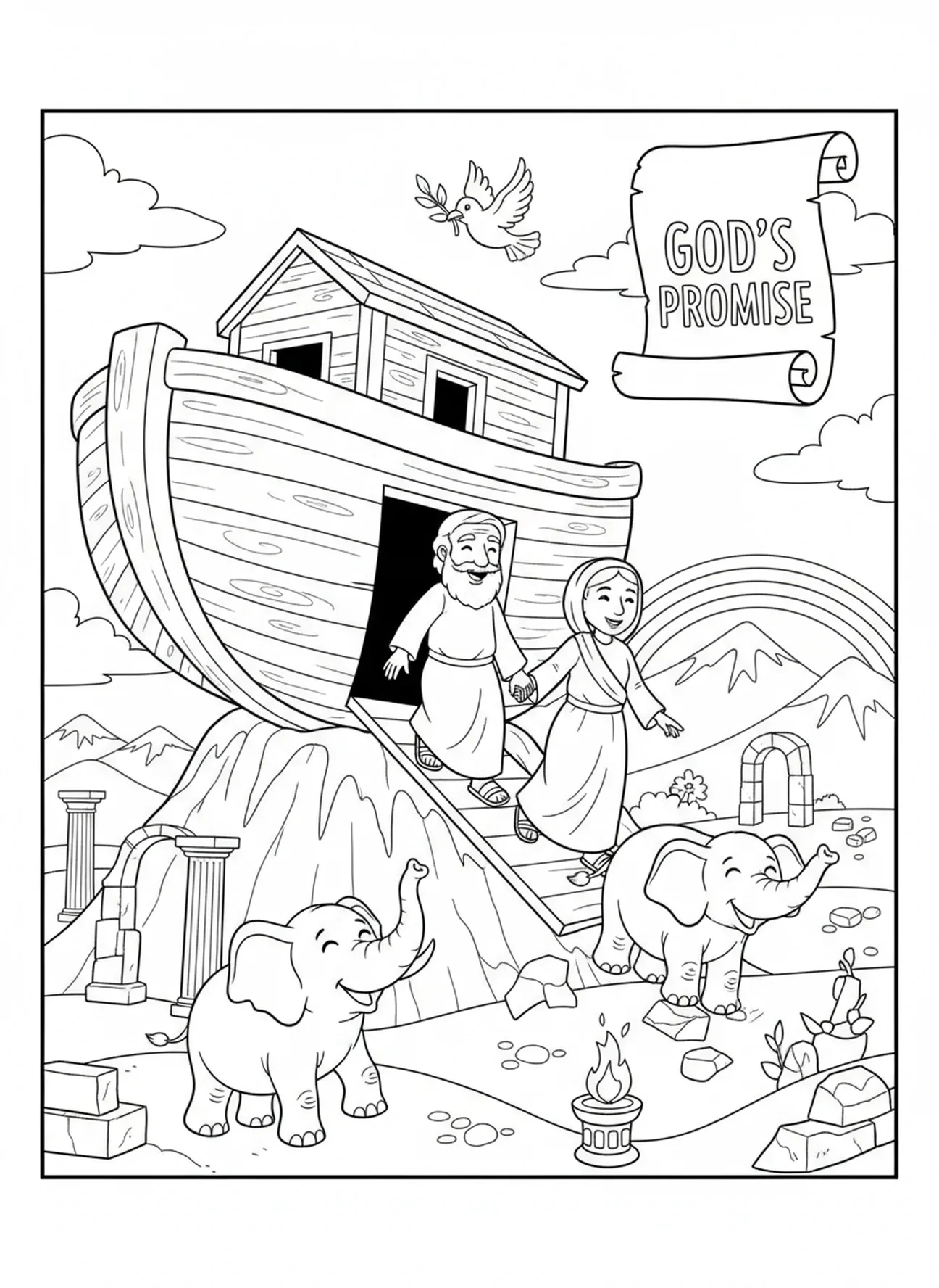 Noé y los animales en el Monte Ararat, página para colorear del Libro de Colorear Bíblico para niños de Escuela Dominical de 5 a 12 años