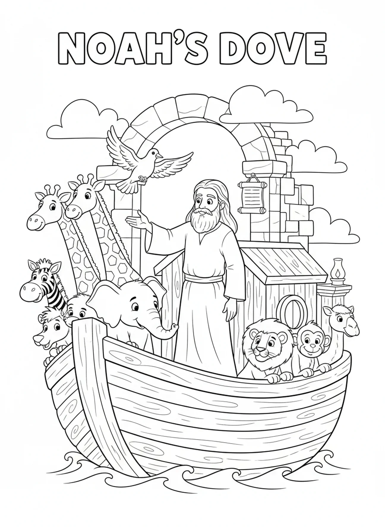 Noé soltando una paloma, página para colorear del Libro de Colorear de la Biblia para niños de la Escuela Dominical de 5 a 12 años