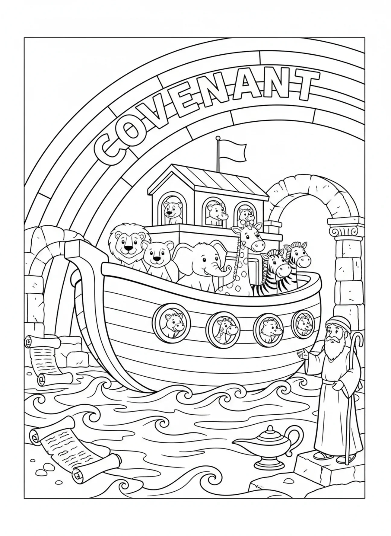 Arcoíris sobre el arca, página para colorear del Libro de Colorear Bíblico para niños de Escuela Dominical de 5 a 12 años
