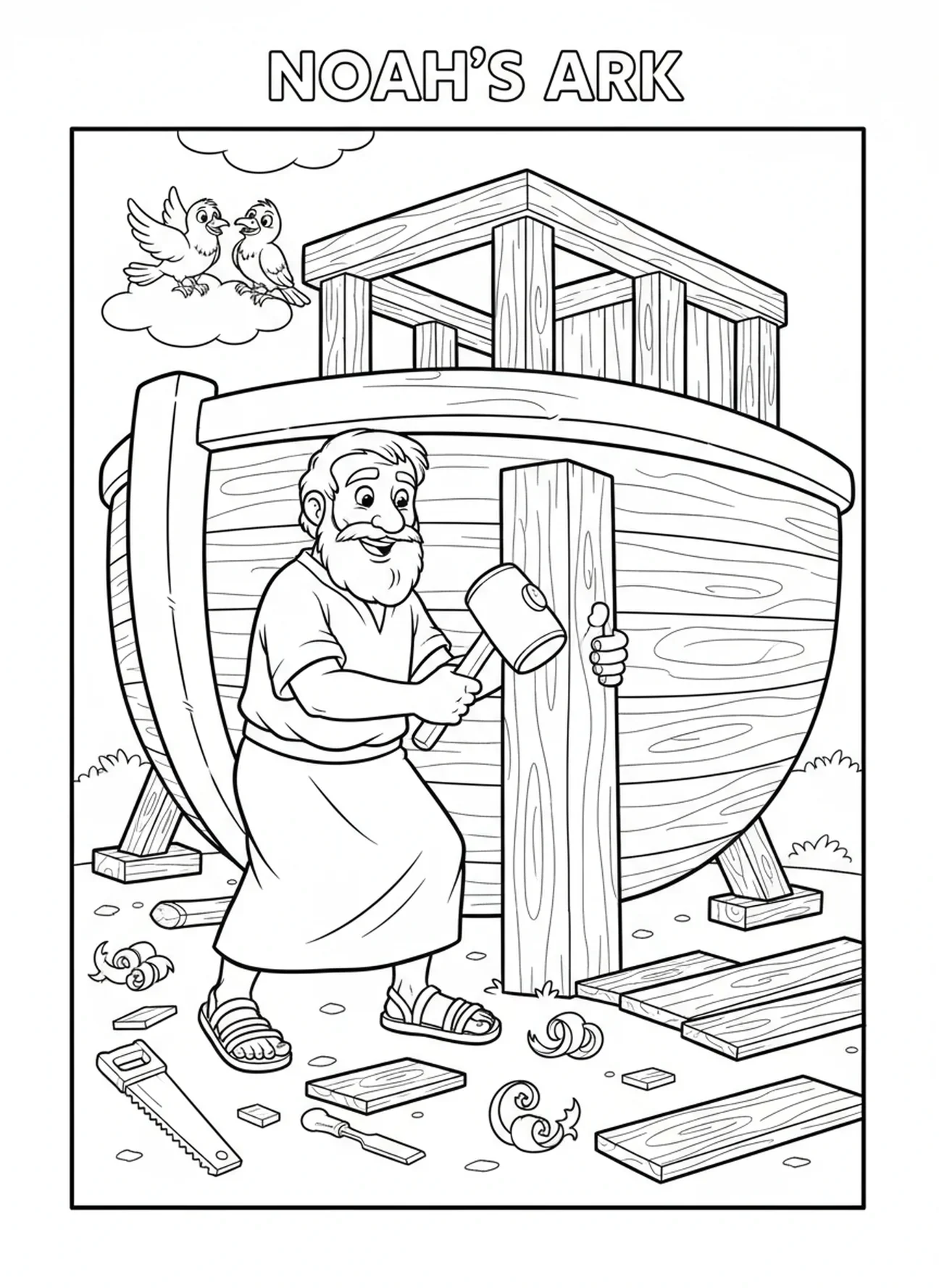 Noah, der Bretter nagelt, Ausmalbild von Noahs Arche für Kinder im Alter von 5-10 Jahren