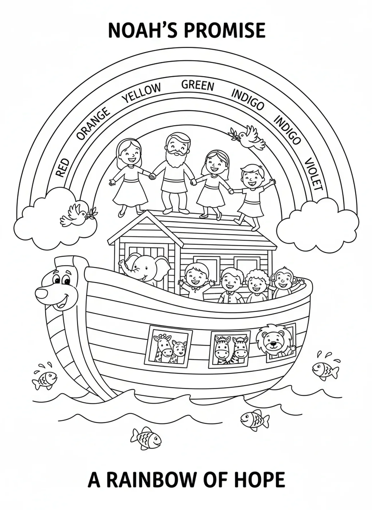 Bunte Regenbogenbogen, Ausmalbild von Noahs Arche für Kinder im Alter von 5-10 Jahren