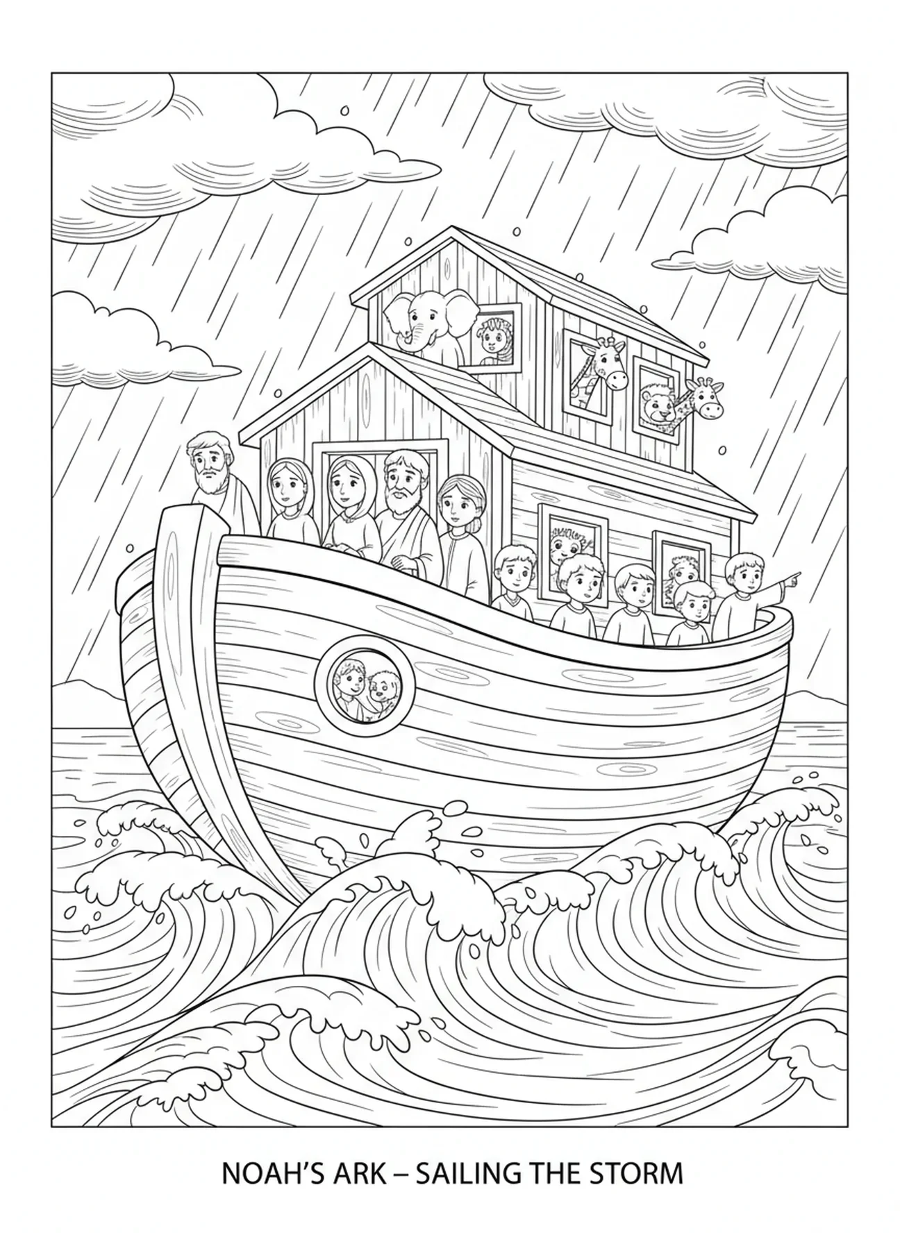 Noah und seine Familie auf der Arche, Ausmalbild von Noahs Arche für Kinder im Alter von 5-10 Jahren