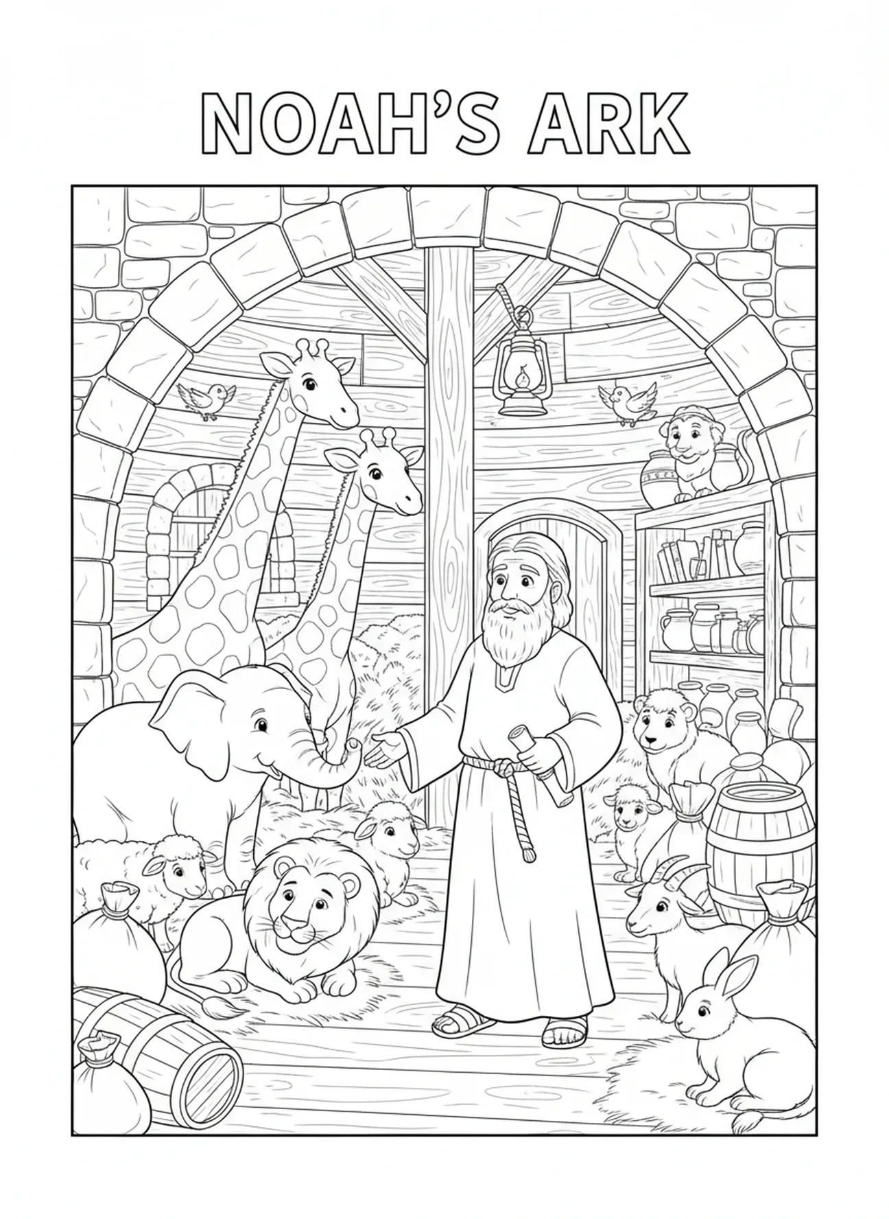 Noé surveillant les animaux à l'intérieur de l'arche, page à colorier Biblique Printable pour les enfants de catéchisme de 5 à 12 ans