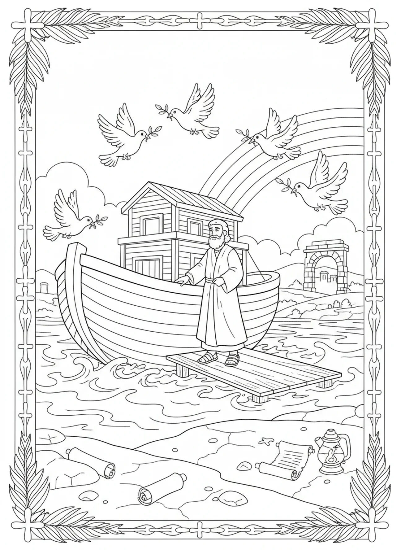 Noé regardant la terre sèche, page à colorier Biblique Printable pour les enfants de catéchisme âgés de 5 à 12 ans