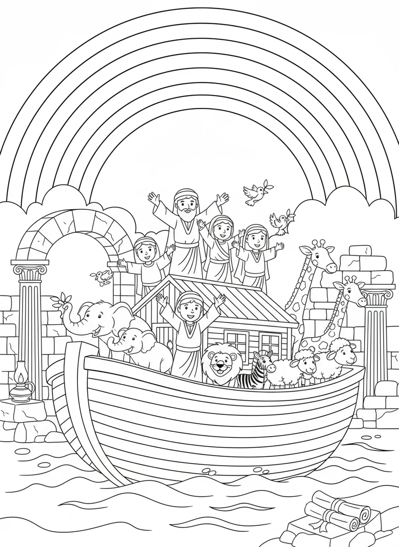 Arc-en-ciel au-dessus de l'arche de Noé, page à colorier Biblique imprimable pour les enfants de l'École du dimanche âgés de 5 à 12 ans