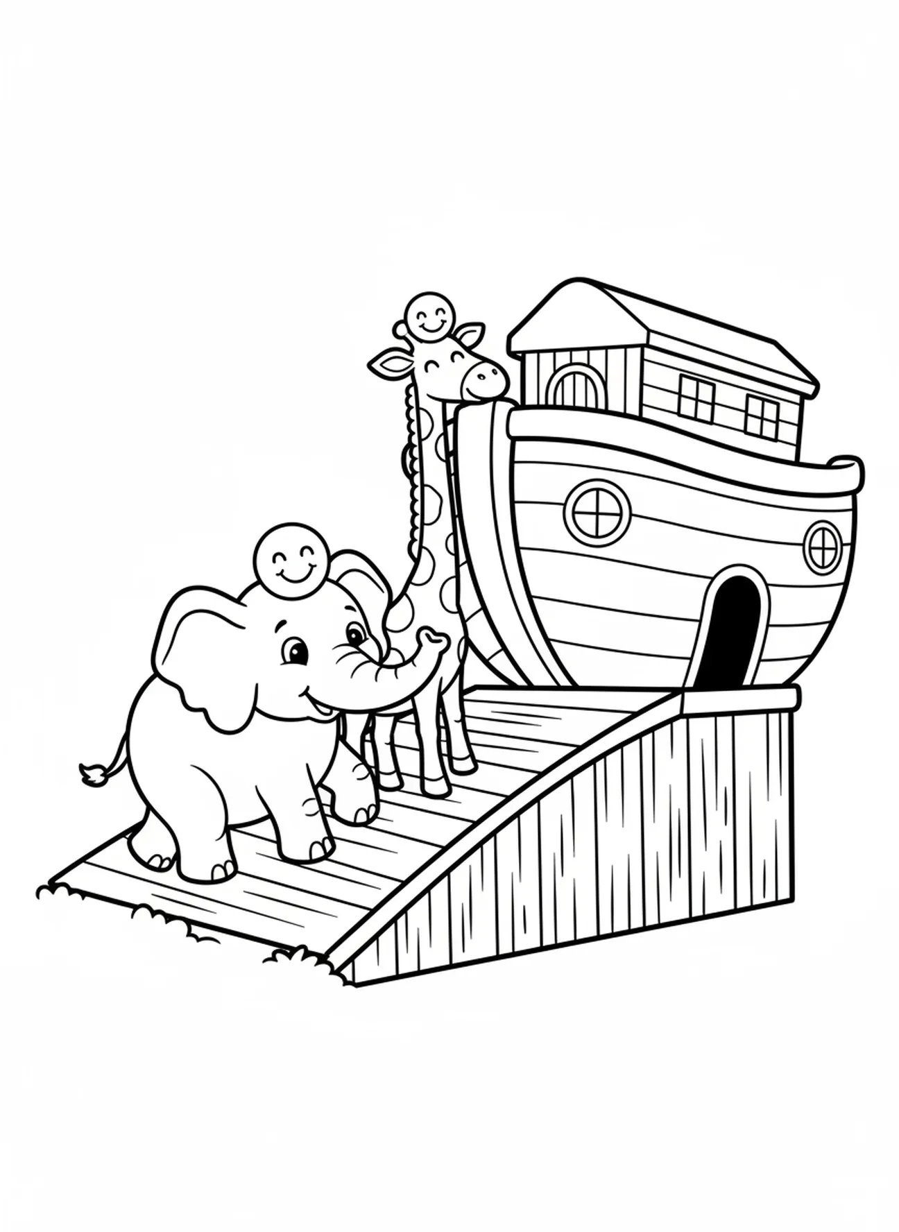 Elefante y jirafa subiendo, página para colorear del Arca de Noé para niños de 3 a 5 años
