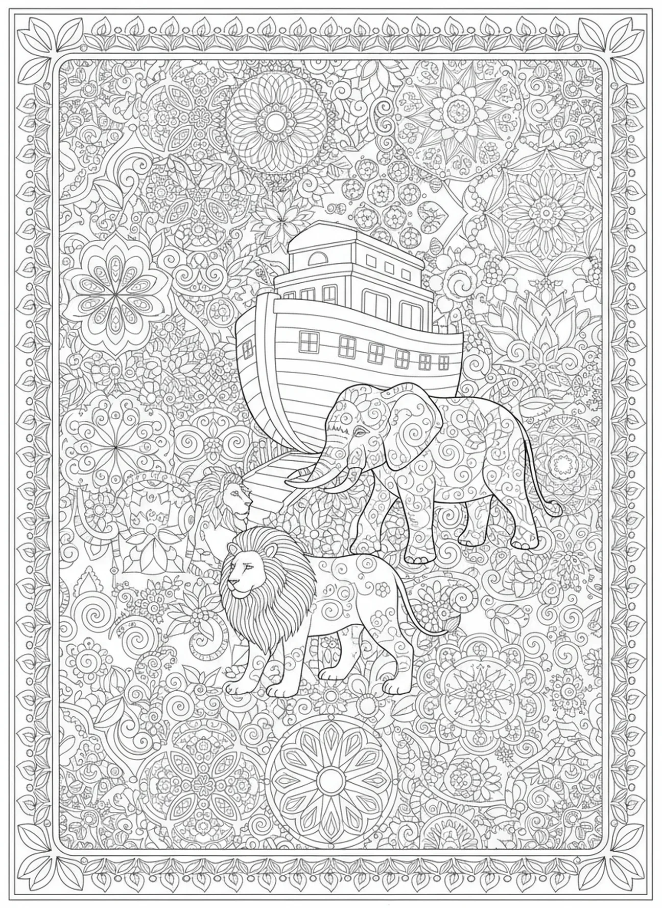 Paire d'éléphants et de lions, page à colorier de la Bible de Jérusalem pour adultes dans un style de journal biblique.