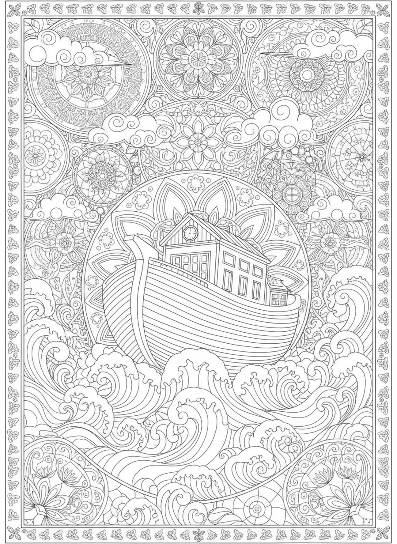 L'Arche de Noé sur les vagues, page à colorier de la Bible de Jérusalem pour adultes dans un style de journal biblique.