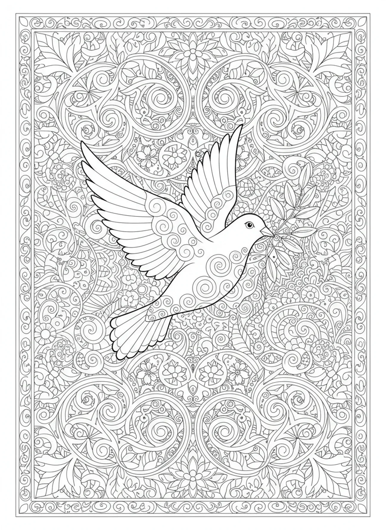 Colombe avec branche d'olivier, page à colorier de la Bible de Jérusalem pour adultes dans un style de journal biblique.