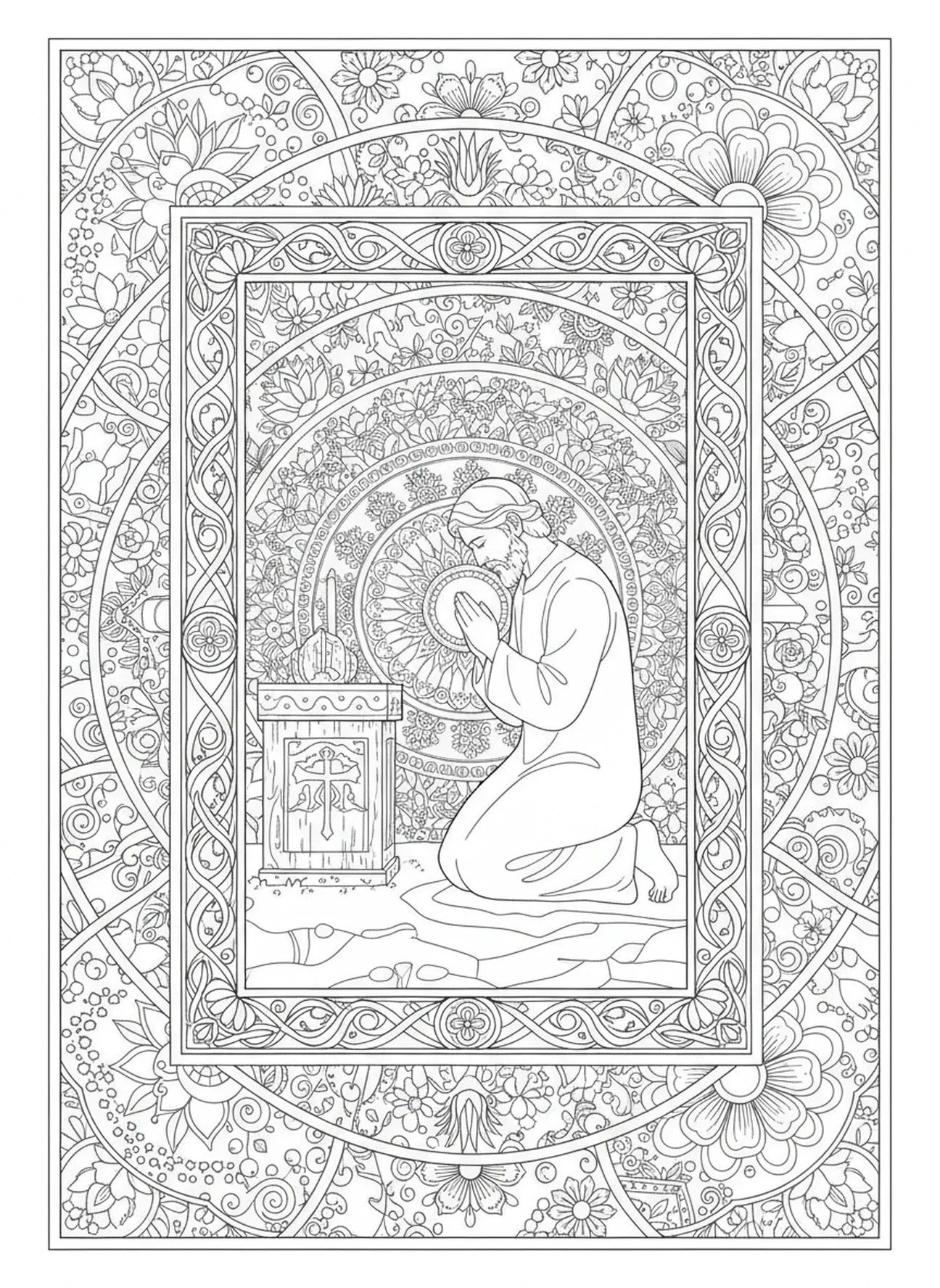 Noé à genoux devant un autel, page à colorier de la Bible Jérusalem pour adultes dans un style de journal biblique.