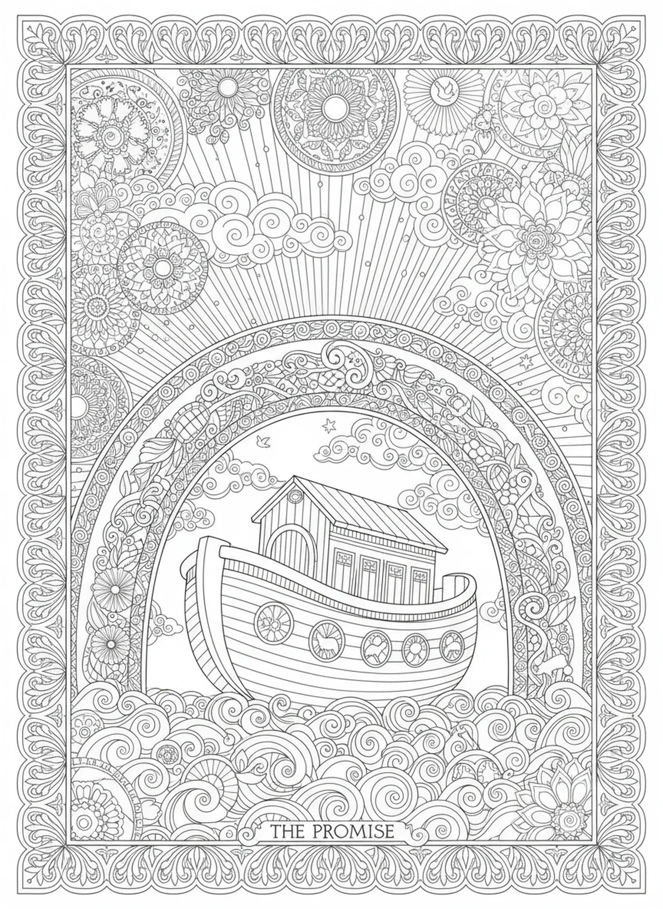 Arc-en-ciel au-dessus de l'arche, page à colorier de la Bible de Jérusalem pour adultes dans un style de journal biblique.