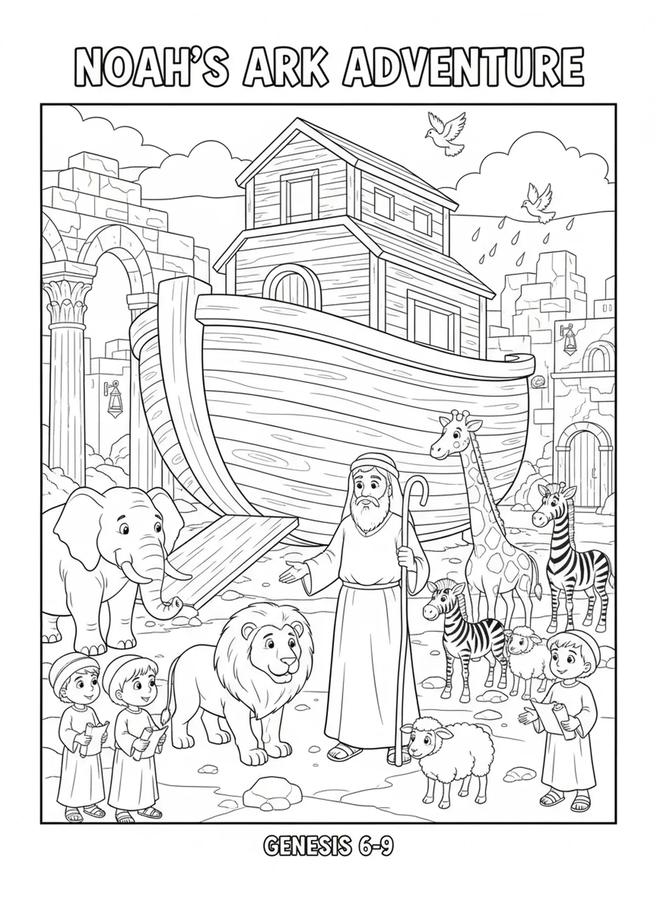 Paires d'animaux montant à bord de l'arche, page à colorier de la Bible pour les enfants de l'École du dimanche âgés de 5 à 12 ans