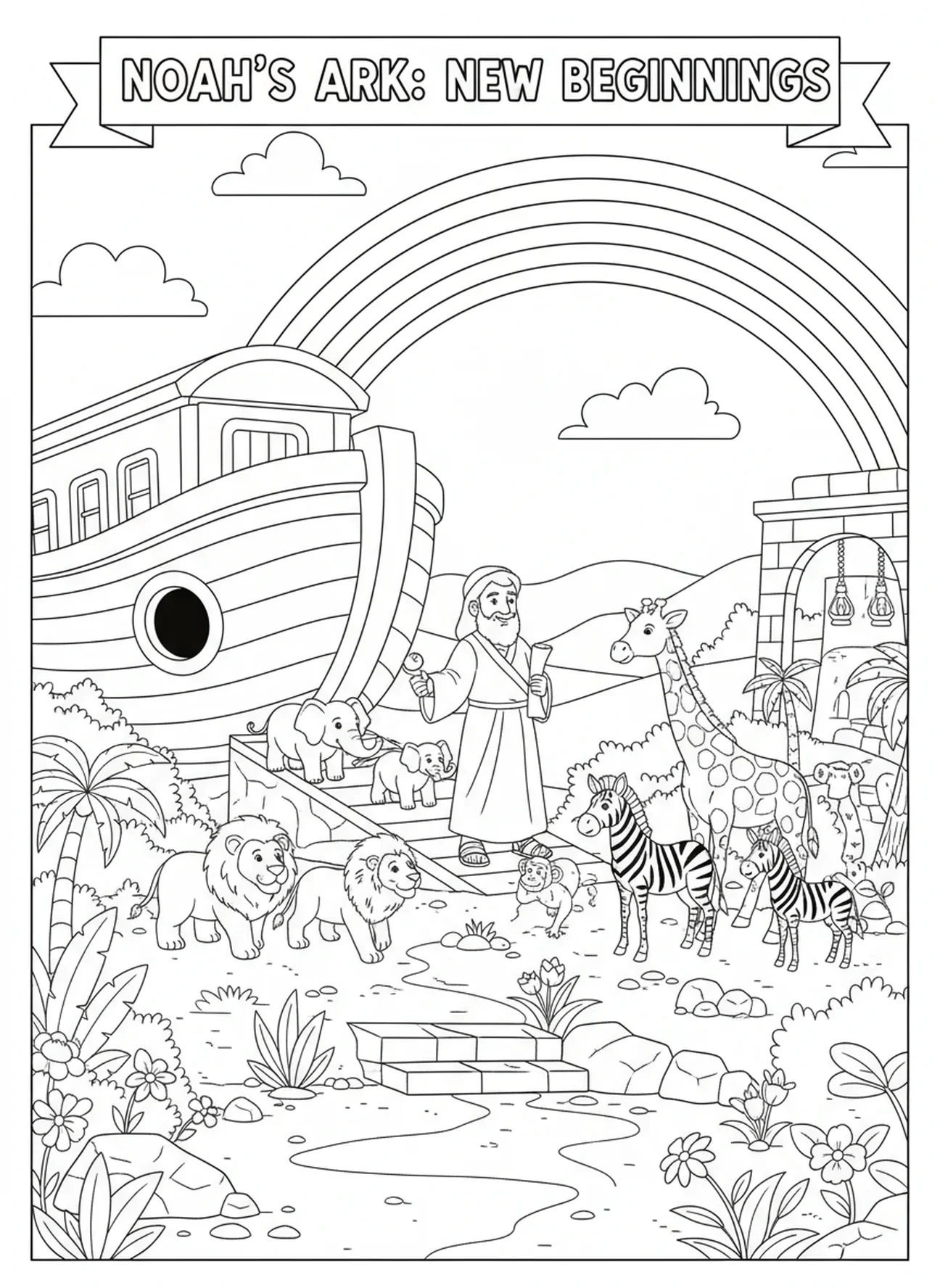Animaux marchant sur la terre ferme, page à colorier de la Bible pour les enfants de l'École du dimanche âgés de 5 à 12 ans