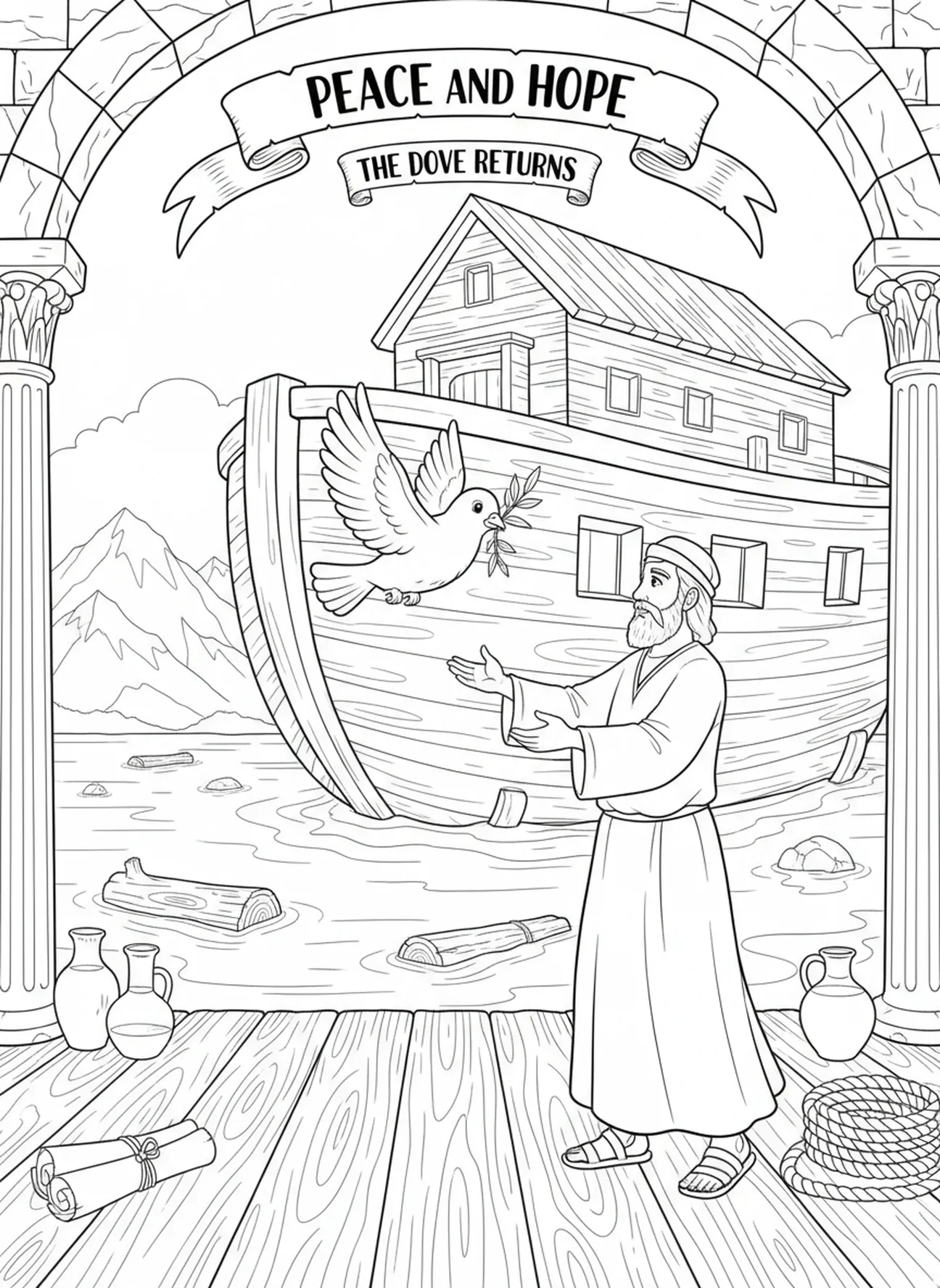 Colombe portant une branche d'olivier, page à colorier de la Bible pour les enfants de l'École du dimanche âgés de 5 à 12 ans