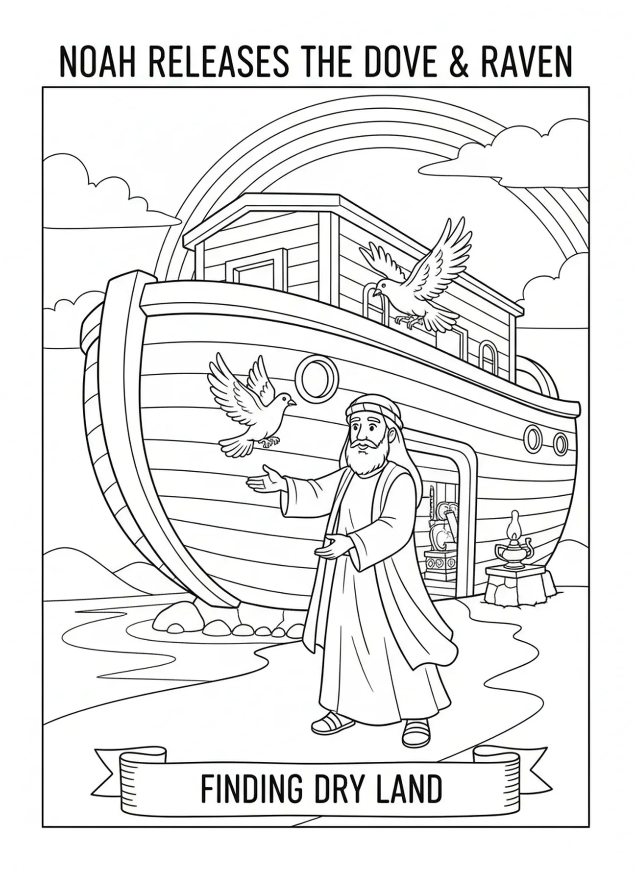 Noé libérant des oiseaux de l'arche, page à colorier de la Bible pour les enfants de l'École du dimanche âgés de 5 à 12 ans