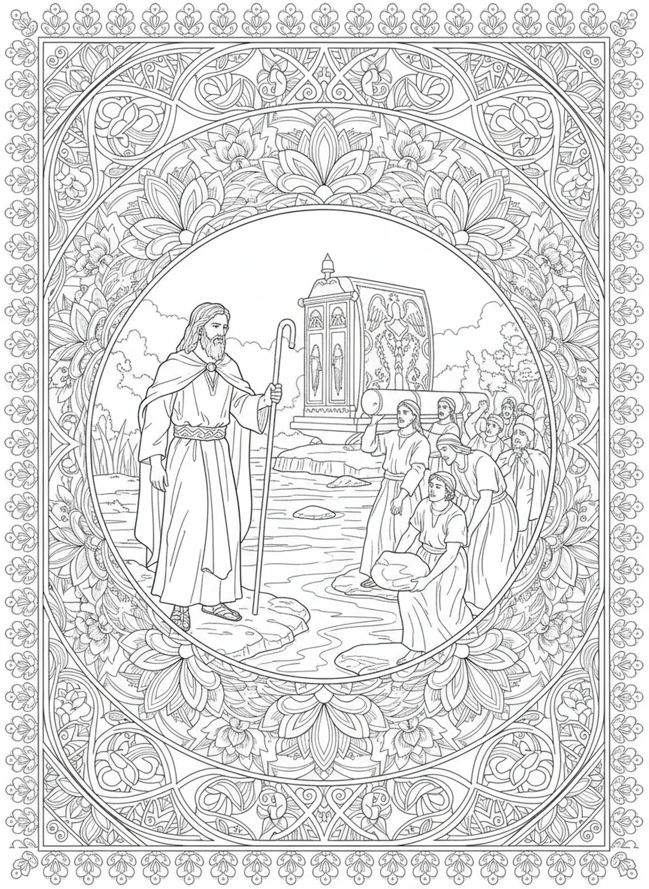 Josua befiehlt dem Volk, Ausmalbild vom Jordanfluss im Stil des Bibel-Journalings für Erwachsene.