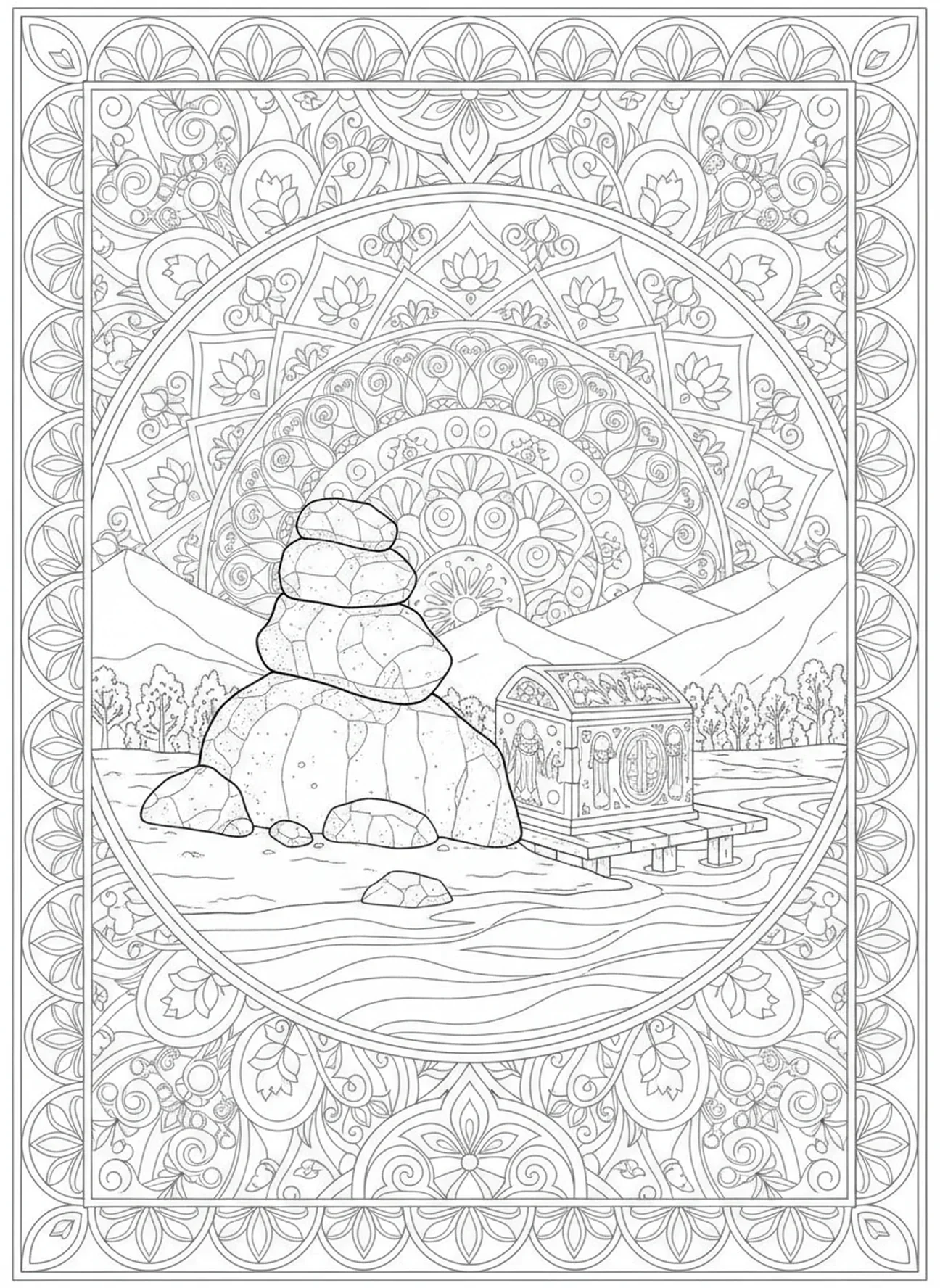 Gedenksteine am Fluss, Ausmalbild für Erwachsene im Bibel-Journaling-Stil über den Jordanfluss.