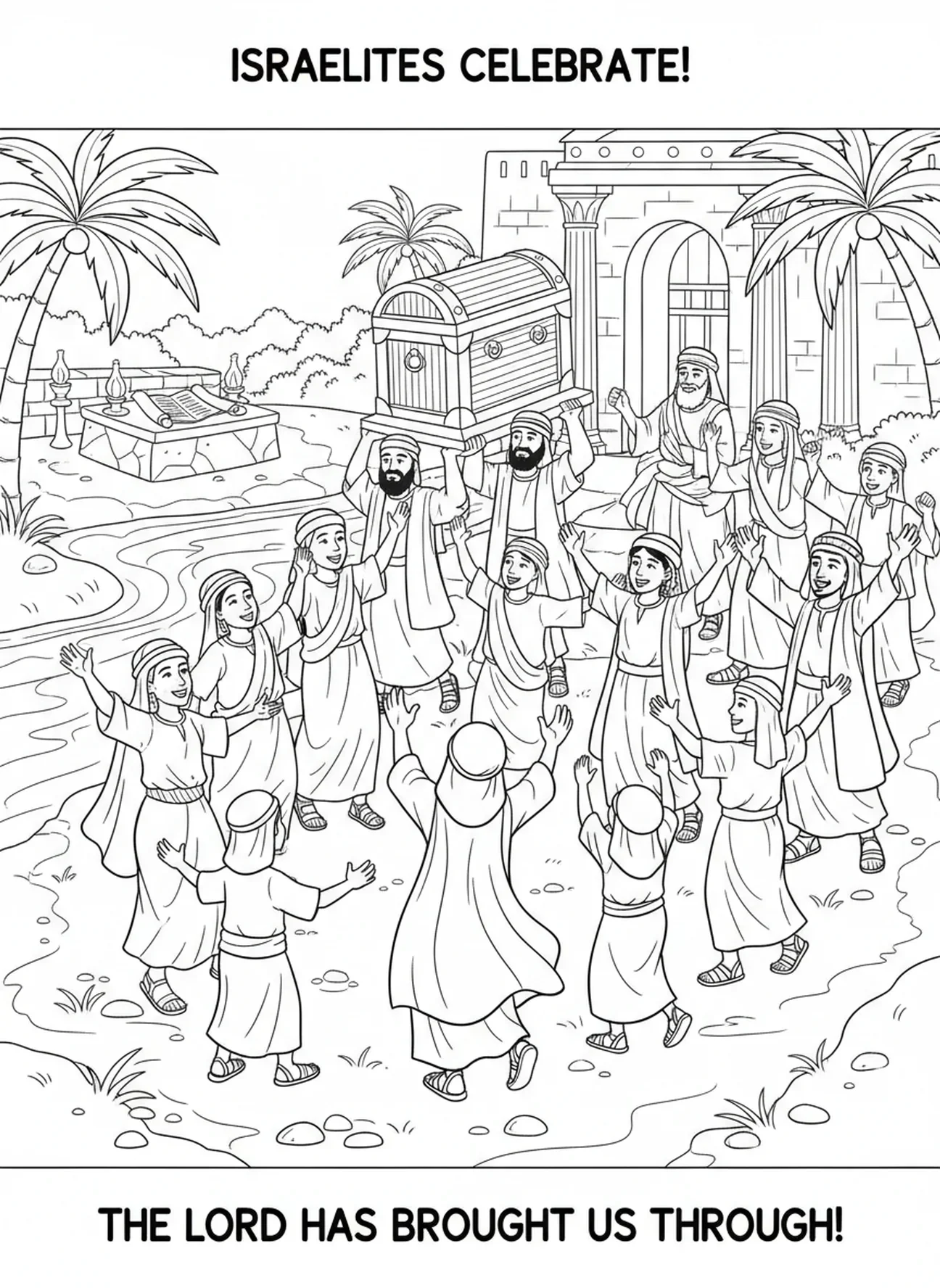 Israelitas celebrando à beira do rio, página para colorir do Rio Jordão para crianças da Escola Dominical de 5 a 12 anos