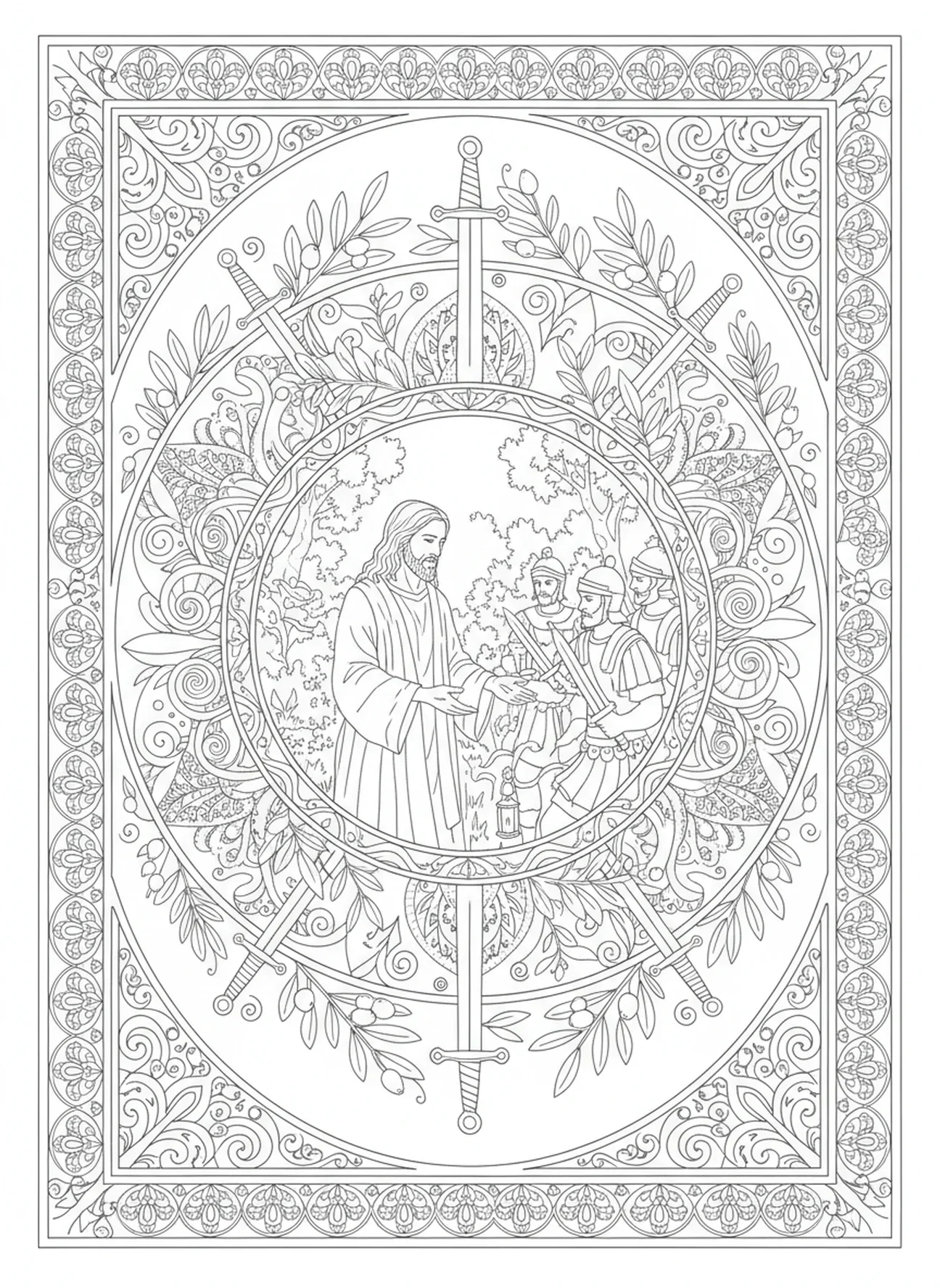 Jesus wird verhaftet, Ölberg Ausmalbild für Erwachsene im Bibel-Journaling-Stil
