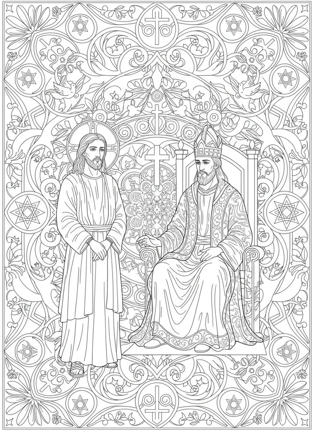 Jesus vor Kaiphas, Ölberg Ausmalbild für Erwachsene im Bibel-Journaling-Stil