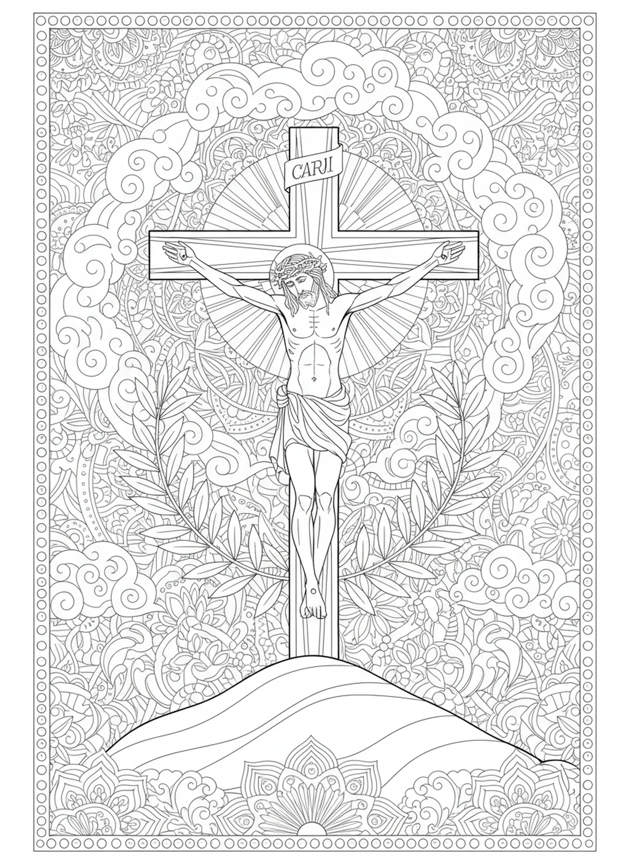 Jesus am Kreuz, Ölberg Ausmalbild für Erwachsene im Bibel-Journaling-Stil