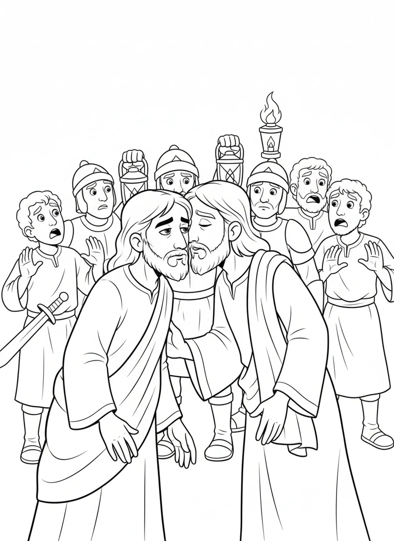 Judas traindo Jesus com um beijo, página para colorir do Monte das Oliveiras para crianças de 5 a 10 anos