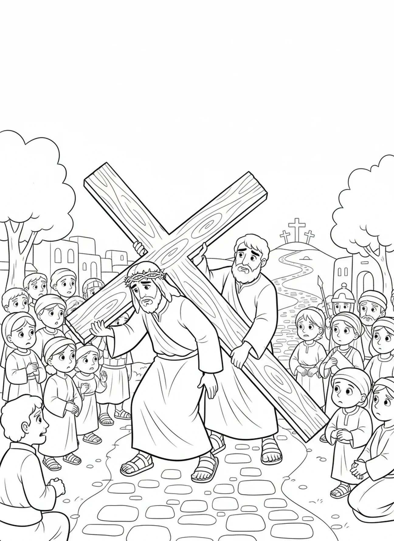 Jesus carregando a cruz, página para colorir do Monte das Oliveiras para crianças de 5 a 10 anos
