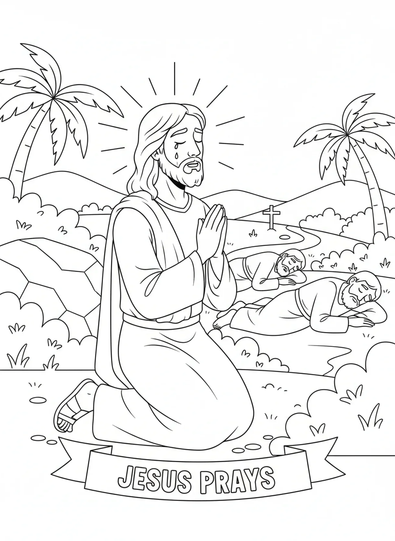 Jesus orando no jardim, página de colorir do Monte das Oliveiras para crianças de 5 a 10 anos