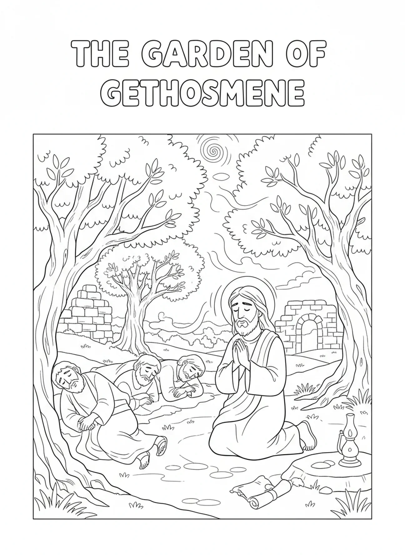 Três discípulos dormindo, página para colorir do Monte das Oliveiras para crianças da Escola Dominical de 5 a 12 anos.
