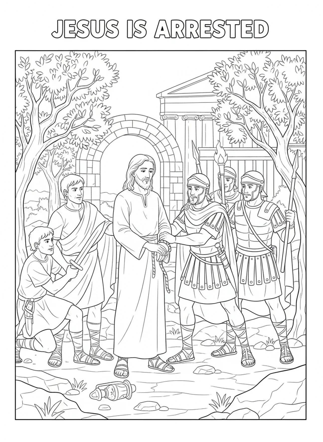 Jesus sendo preso, página para colorir do Monte das Oliveiras para crianças da Escola Dominical de 5 a 12 anos.