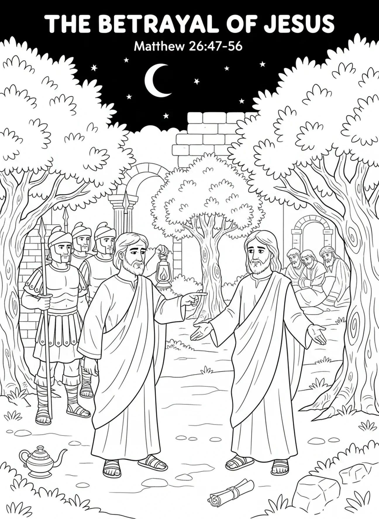 Judas traindo Jesus, página para colorir do Monte das Oliveiras para crianças da Escola Dominical de 5 a 12 anos.