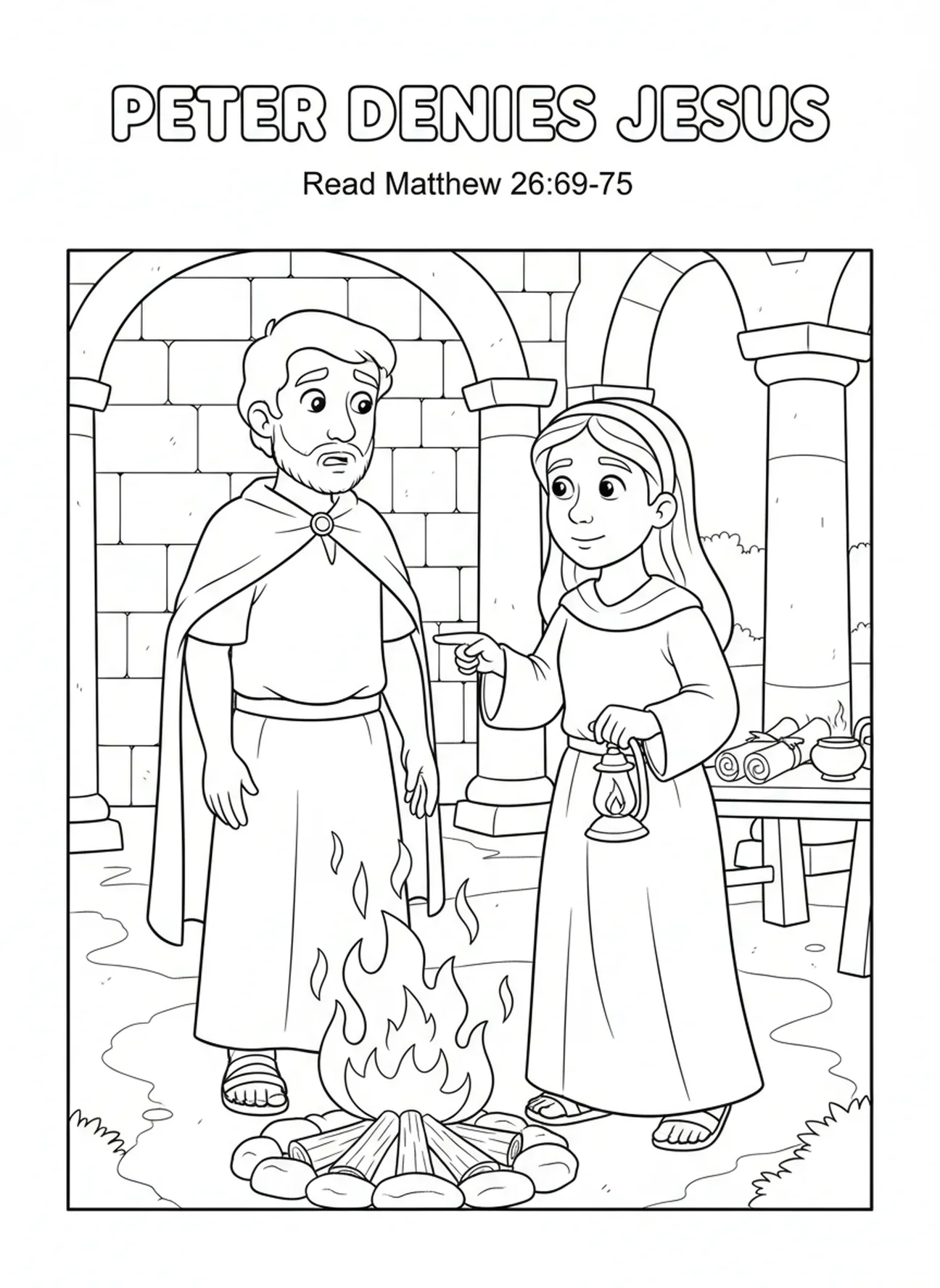 Pedro negando Jesus, página de colorir do Monte das Oliveiras para crianças da Escola Dominical de 5 a 12 anos.
