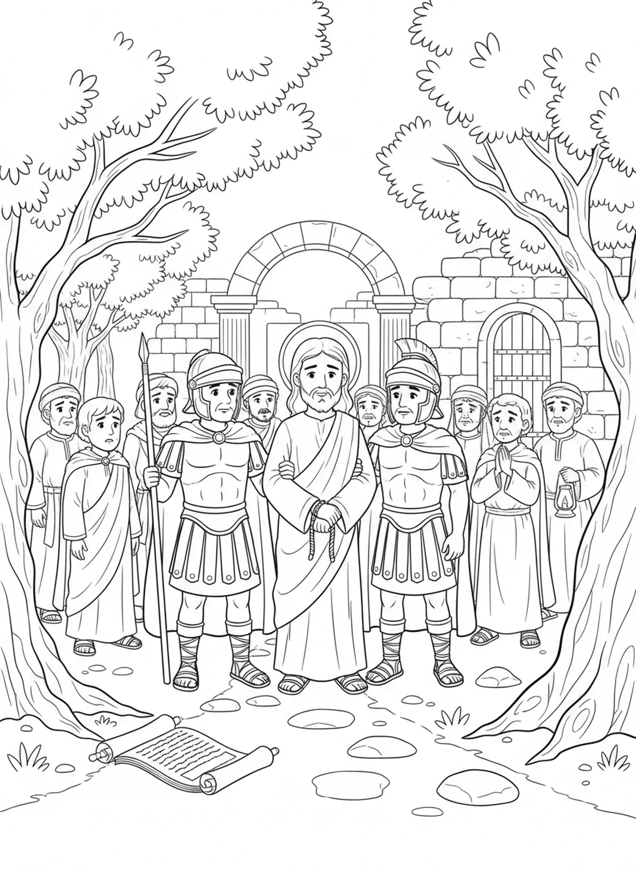 Guardas levando Jesus embora, página para colorir do Monte das Oliveiras para crianças de 5 a 12 anos na Escola Dominical.