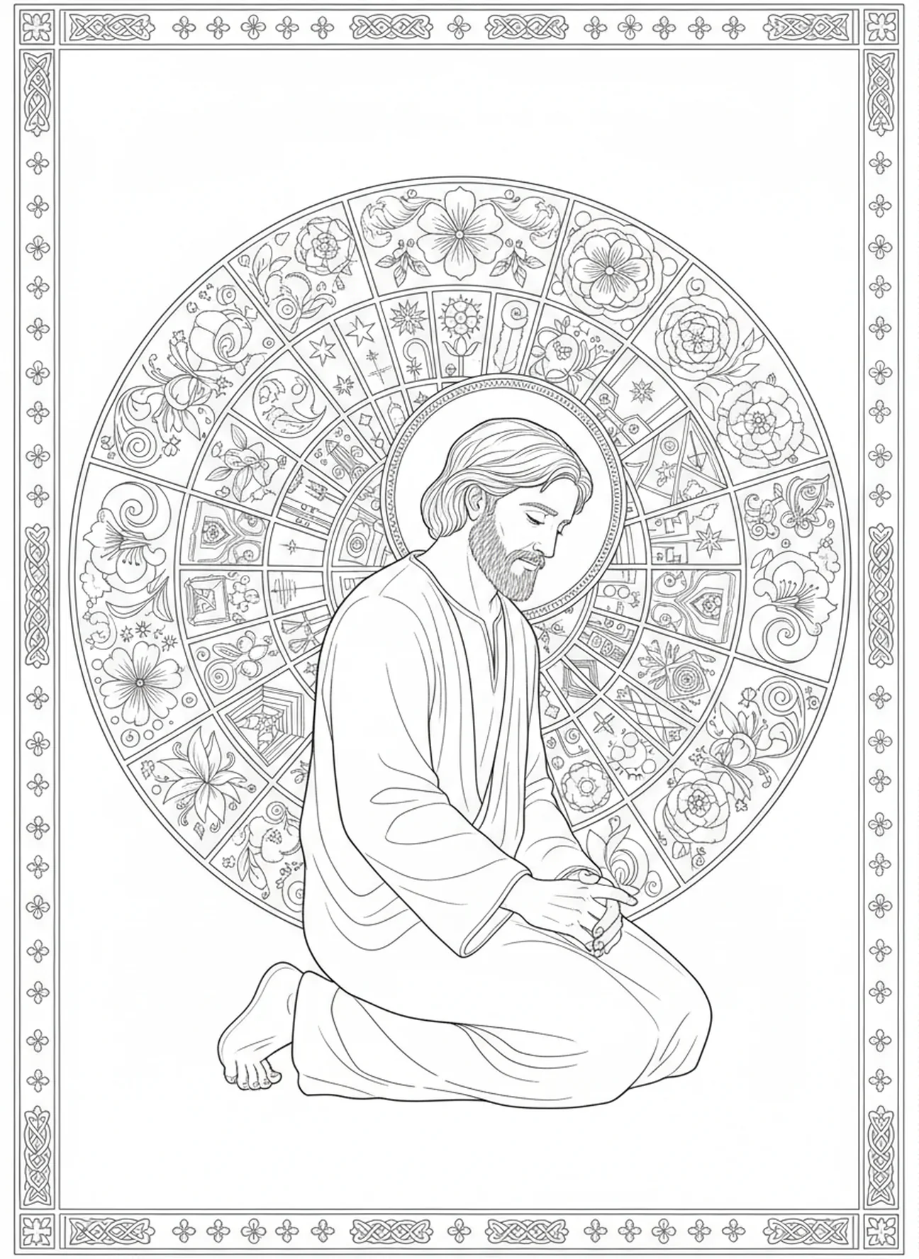 Joseph contemplant le message de l'ange, page à colorier pour adultes dans un style de journal biblique.