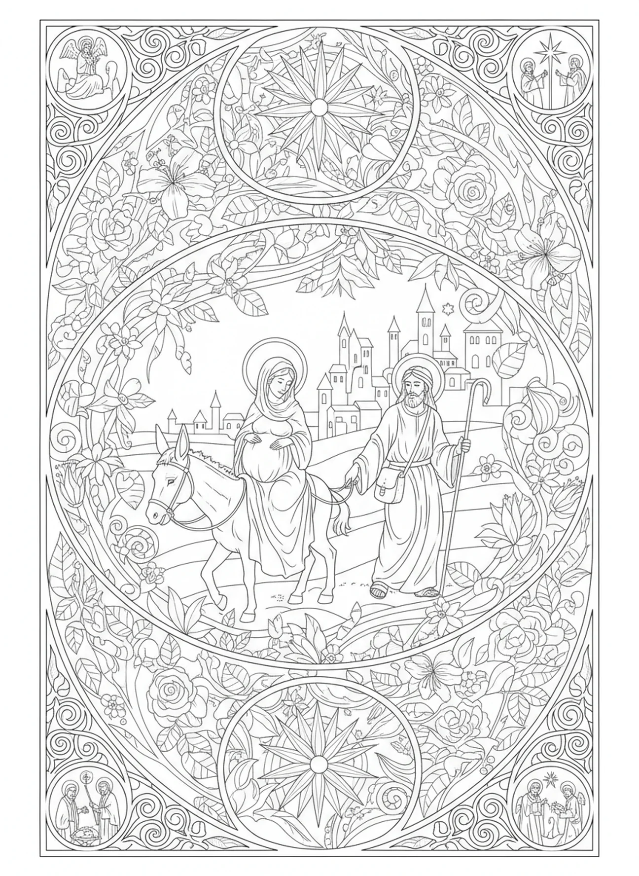 Marie et Joseph voyageant vers Bethléem, page à colorier pour adultes dans un style de journal biblique.