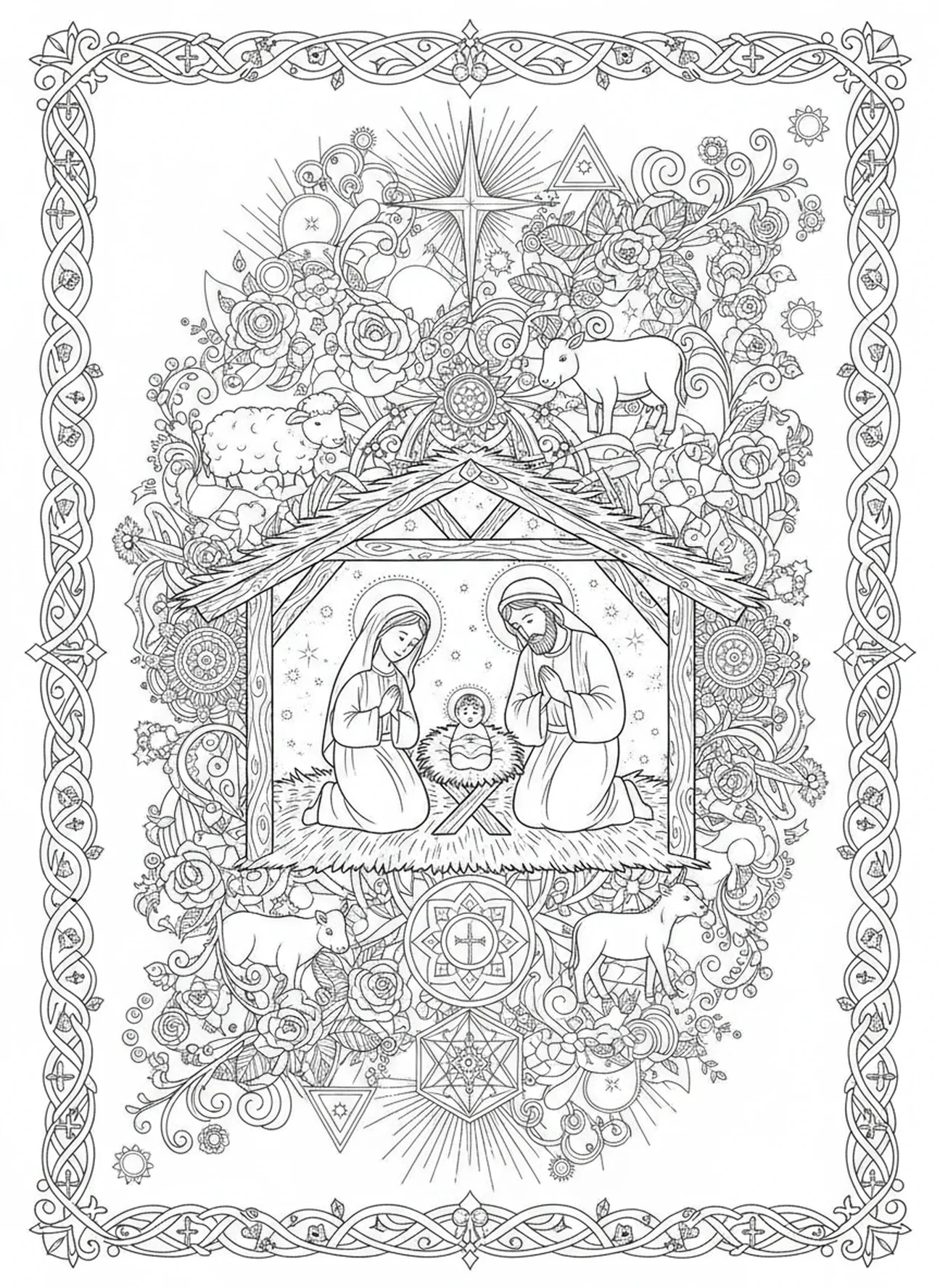 Scène de la Nativité dans une crèche, page à colorier de Nazareth pour adultes dans un style de journal biblique.