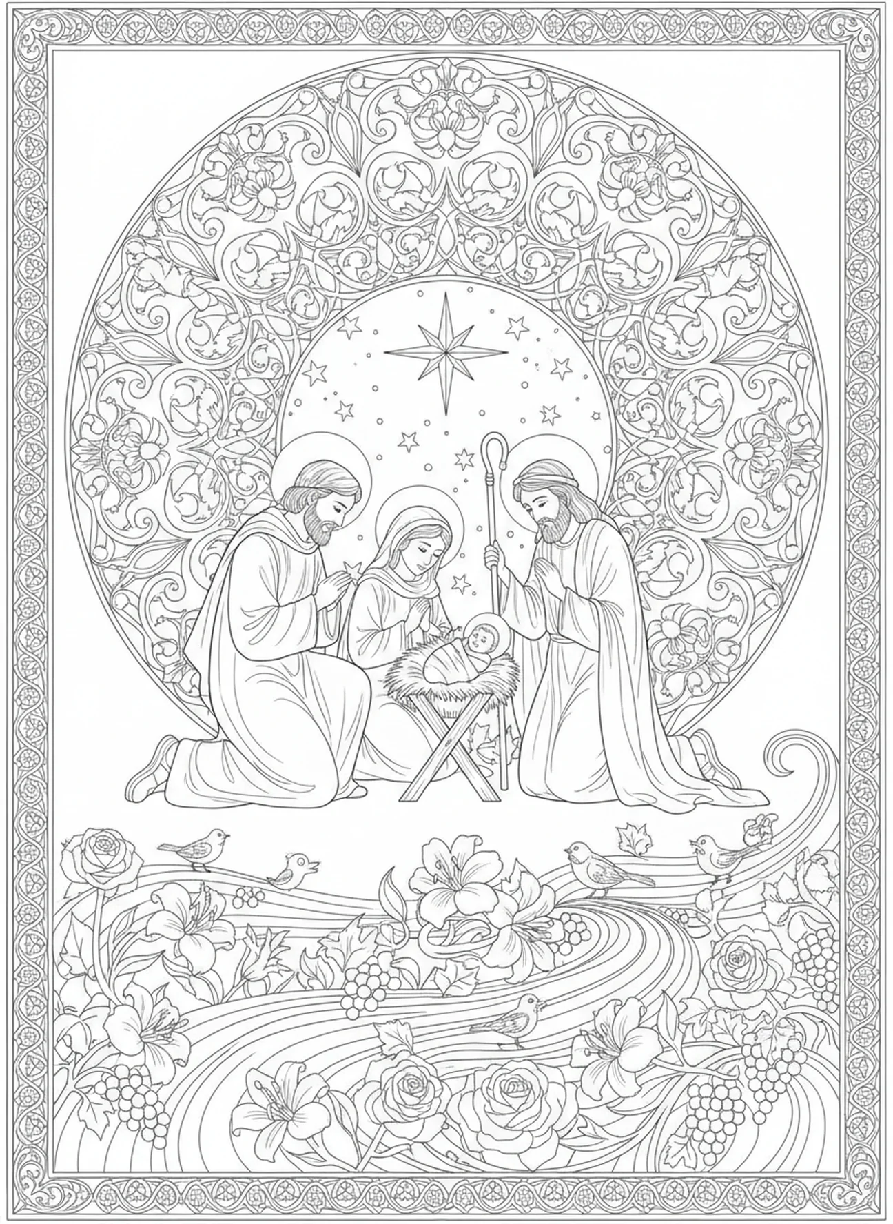 Bergers visitant la crèche, page à colorier de Nazareth pour adultes dans un style de journal biblique.