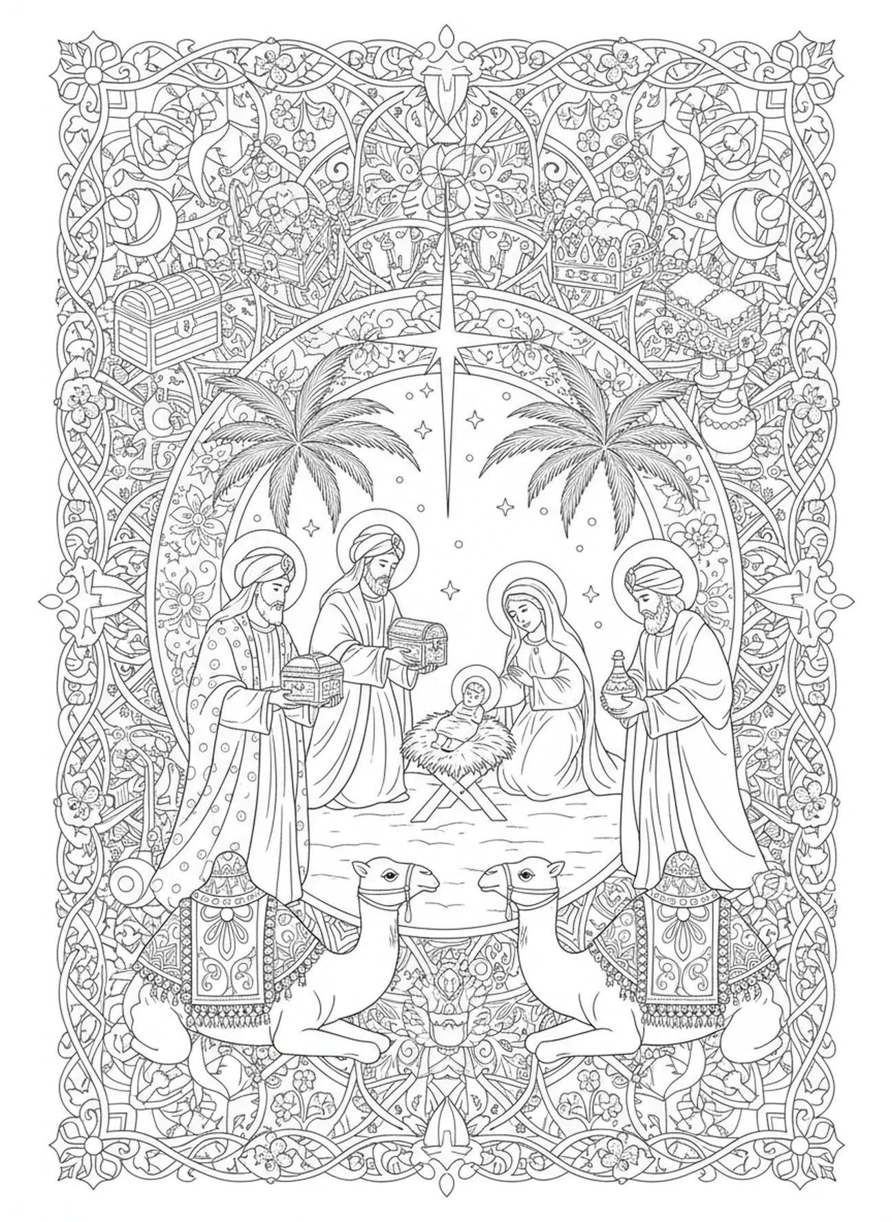 Les rois mages s'approchent de la nativité, page à colorier de Nazareth pour adultes dans un style de journal biblique.
