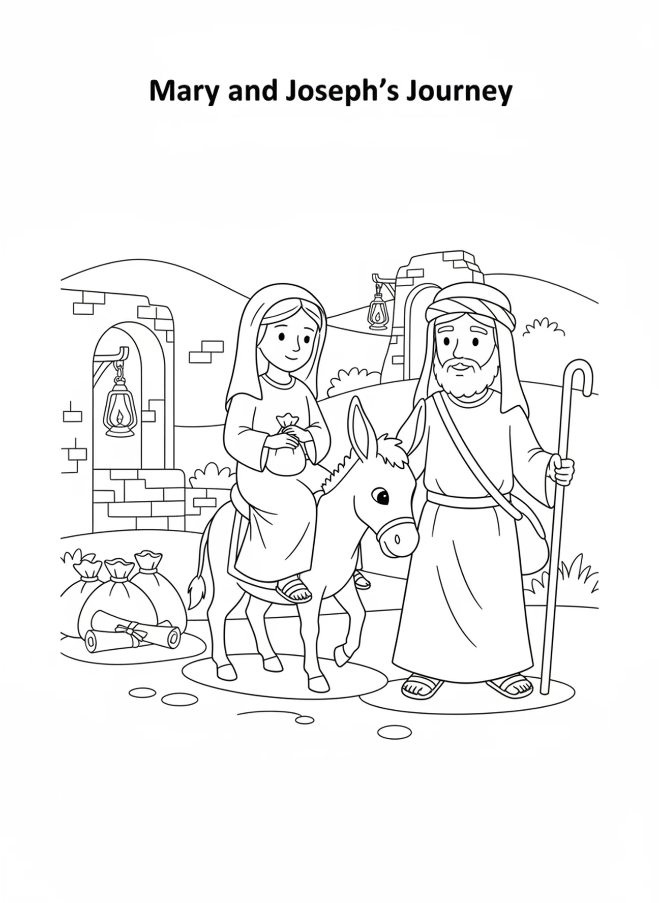 Maria em um burro com José, página de colorir de Nazaré para crianças da Escola Dominical de 5 a 12 anos.