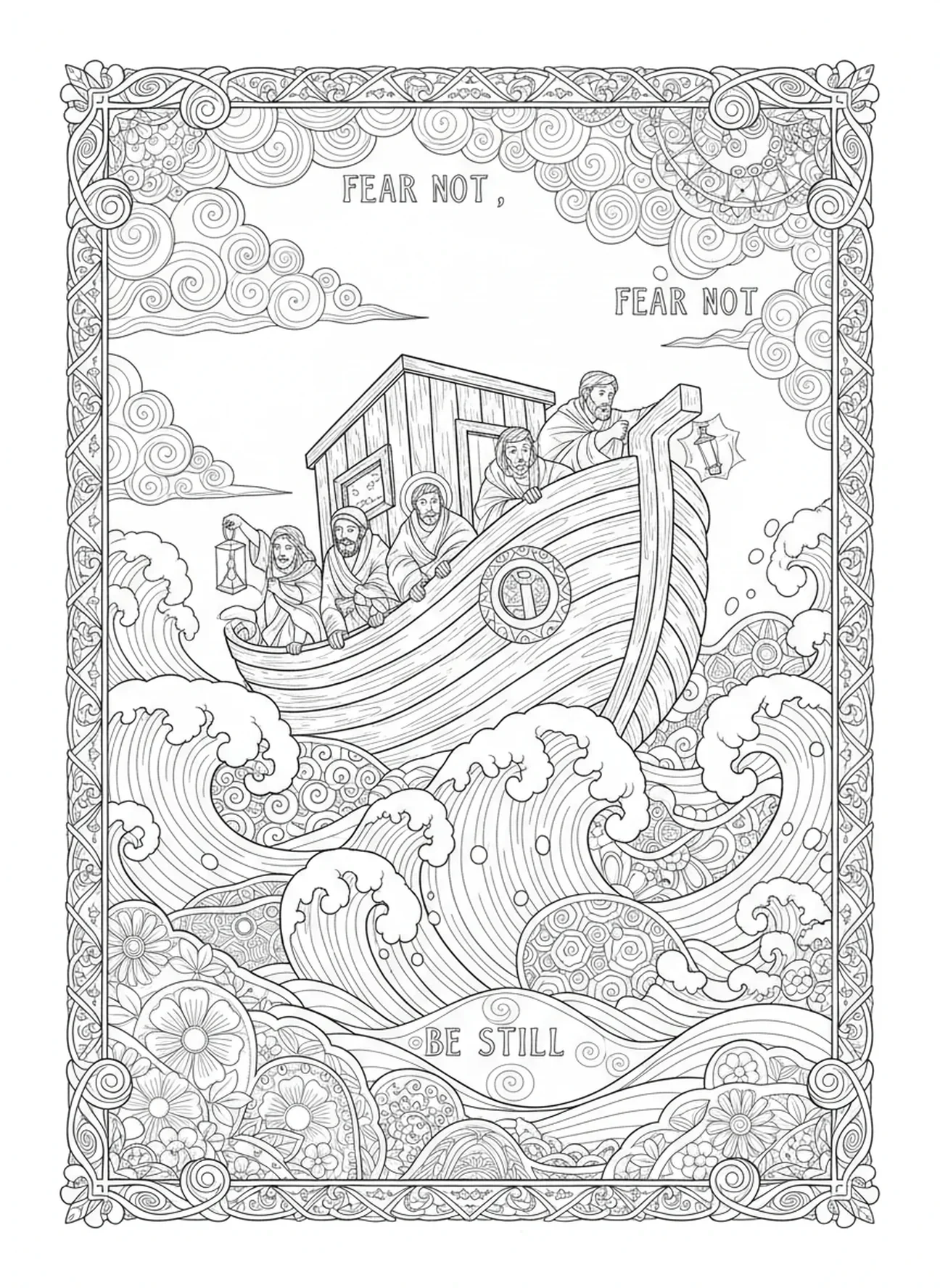 Discípulos temerosos, página para colorear del Mar de Galilea en estilo de journaling bíblico para adultos.
