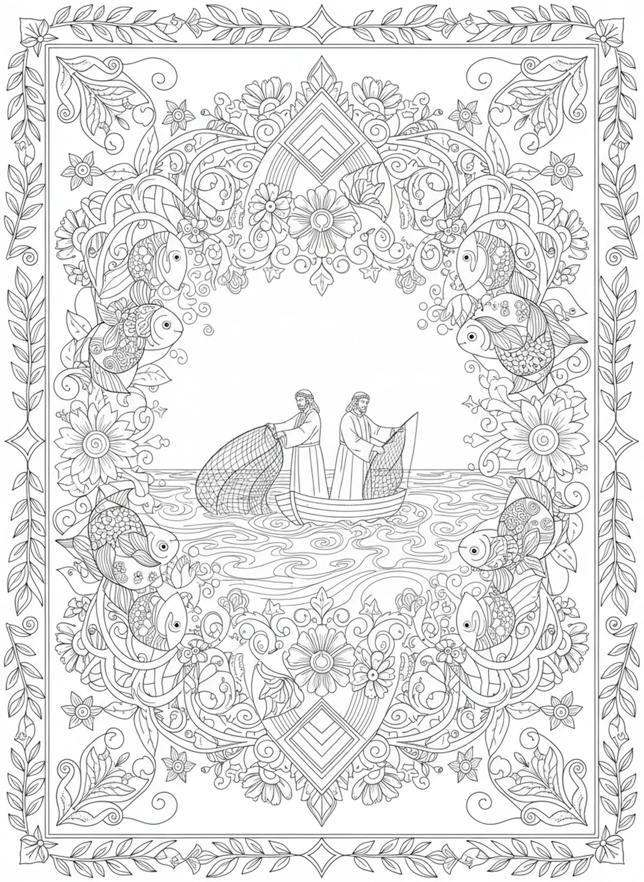 Pescadores lanzando redes, página para colorear del Mar de Galilea en estilo de journaling bíblico para adultos.