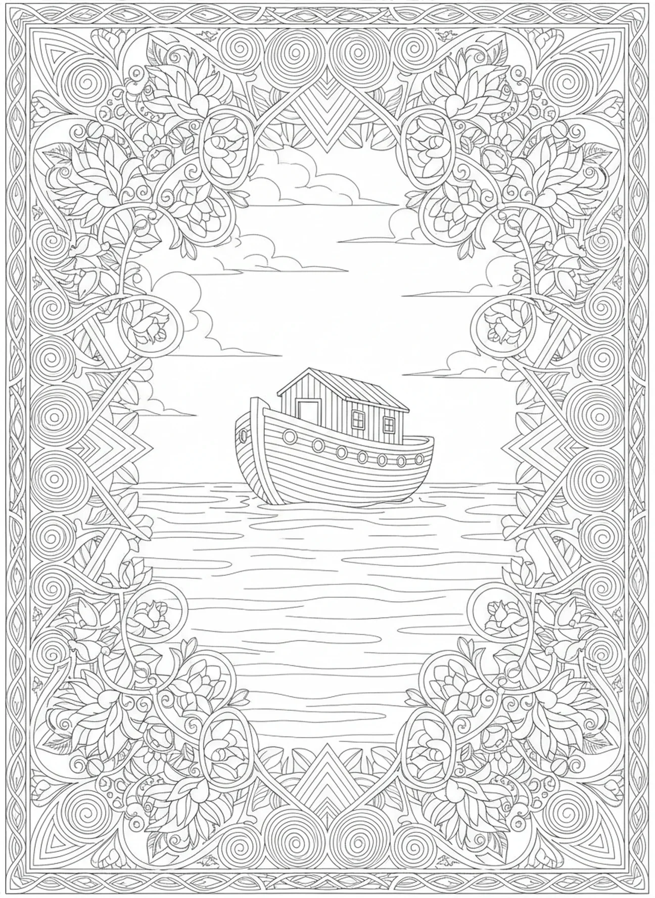Aguas tranquilas después de la tormenta, página para colorear del Mar de Galilea en estilo de journaling bíblico para adultos.