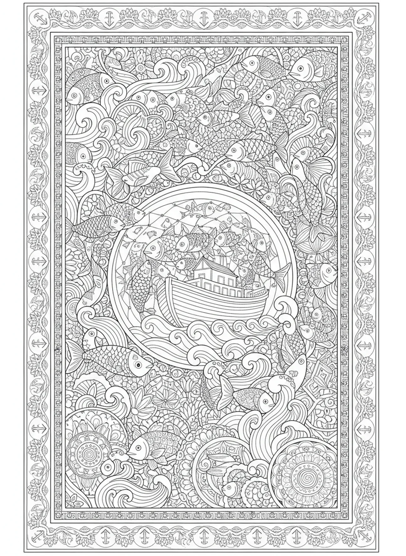 Captura abundante de peces, página para colorear del Mar de Galilea en estilo de journaling bíblico para adultos.