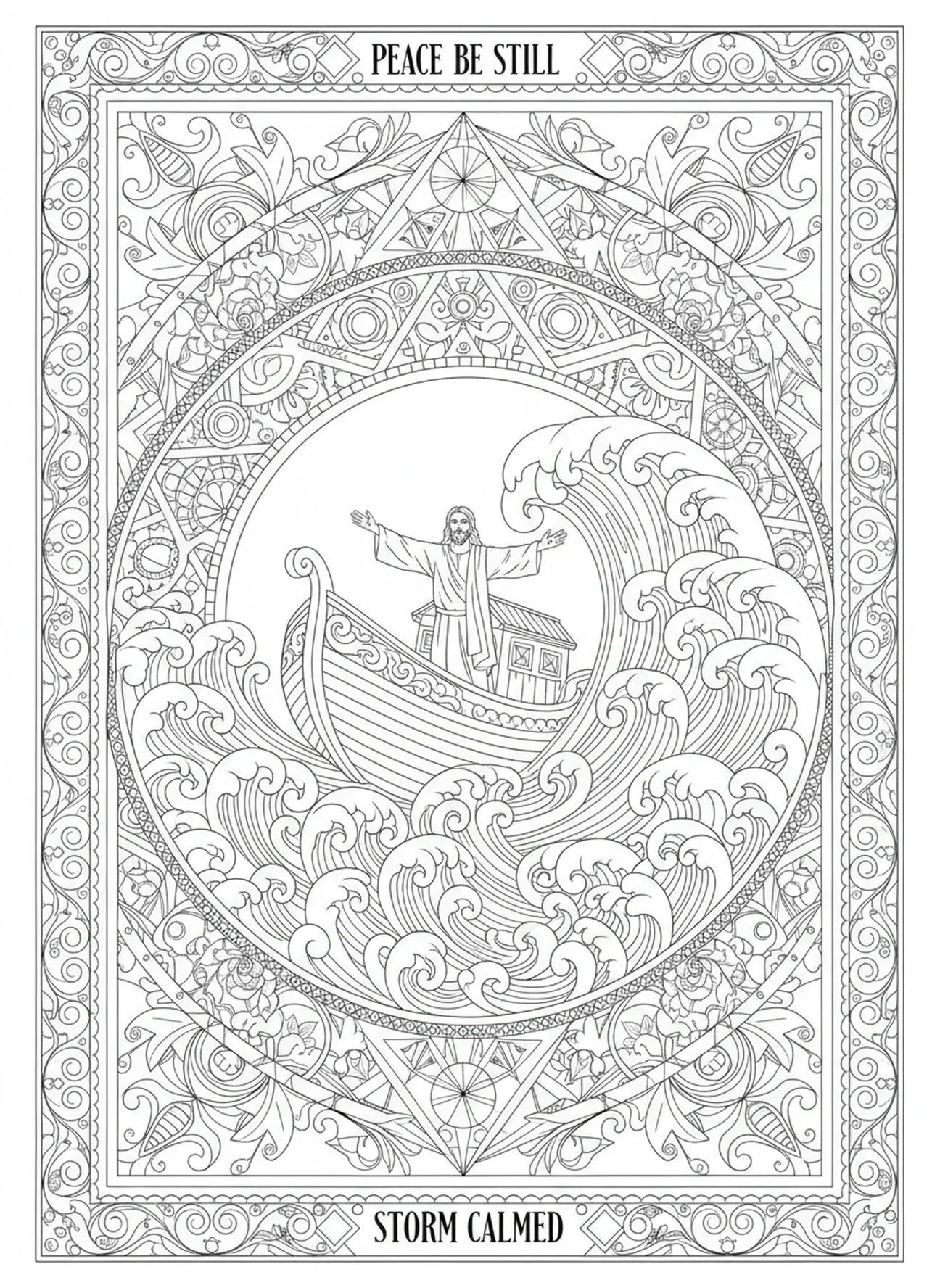 Jesús calmando la tormenta, página para colorear del Mar de Galilea en estilo de journaling bíblico para adultos.