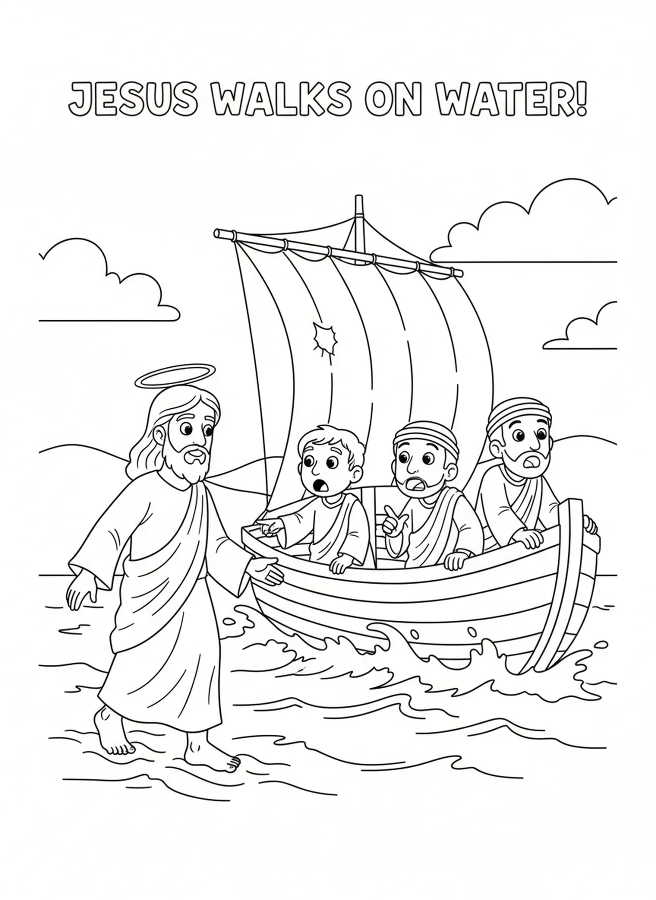 Jünger in einem Boot, Malvorlage für den See Genezareth für Kinder im Alter von 5-10 Jahren.