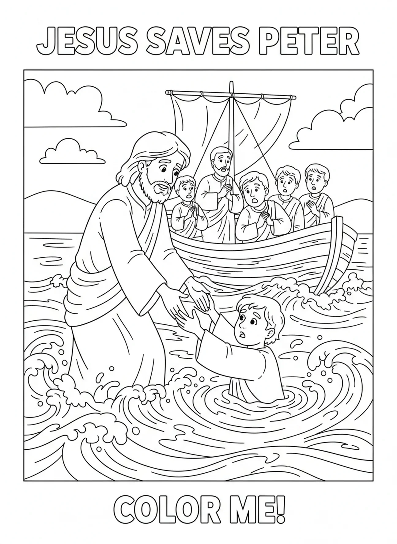 Jesus rettet Petrus vor dem Versinken, Malvorlage für Kinder im Alter von 5-10 Jahren, am See Genezareth.