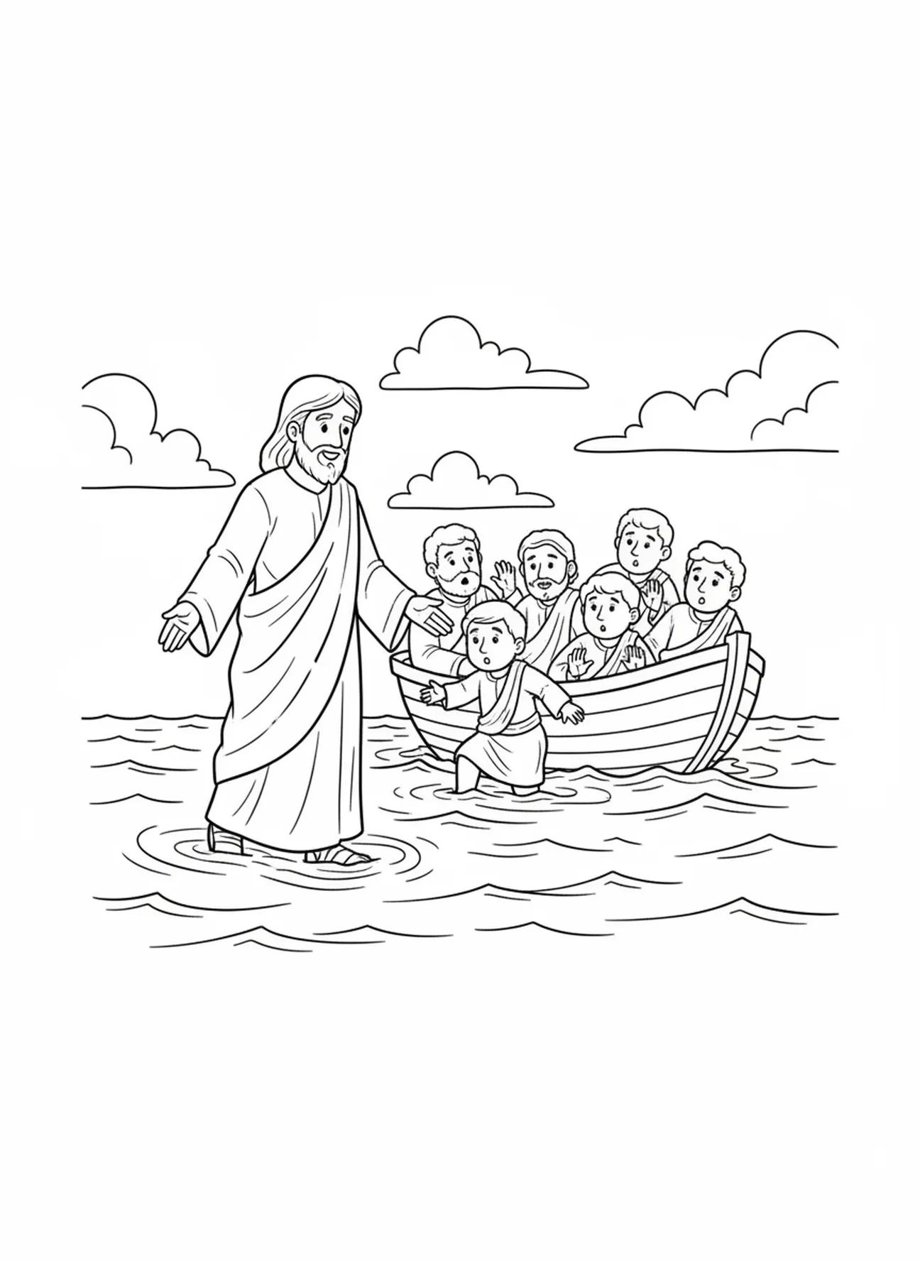 Jesus geht auf dem Wasser, Malvorlage für Kinder im Alter von 5-10 Jahren am See Genezareth.