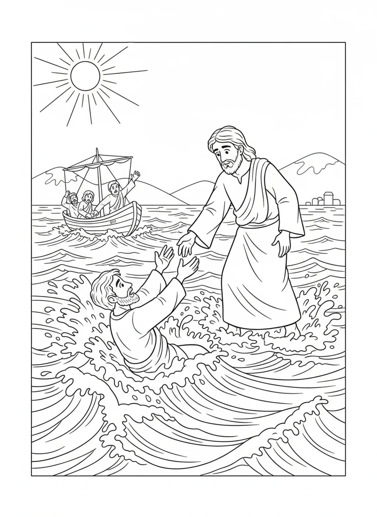 Peter, der im Wasser sinkt, Malvorlage für Kinder im Alter von 5-10 Jahren, am See Genezareth.
