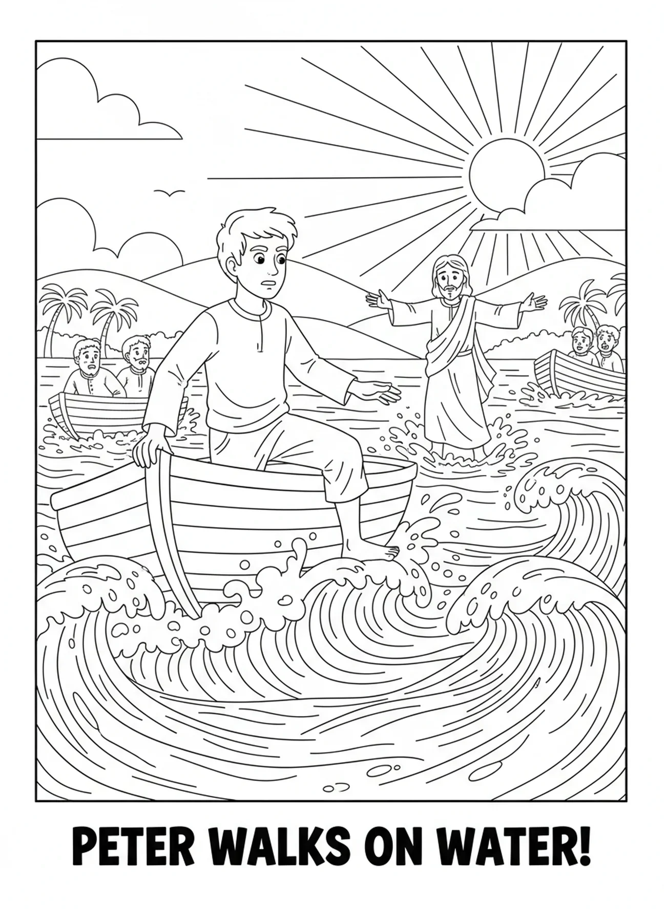 Peter, der auf das Wasser tritt, Ausmalbild für Kinder im Alter von 5-10 Jahren, am See Genezareth.