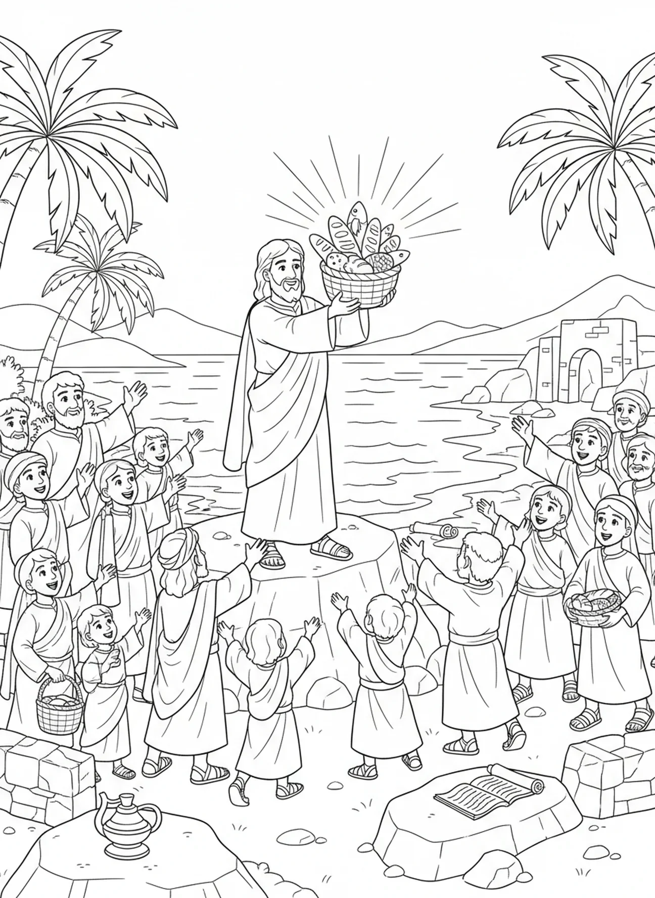 Jesus speist die Menge, Malvorlage für die Sonntagsschule für Kinder im Alter von 5-12 Jahren am See Genezareth